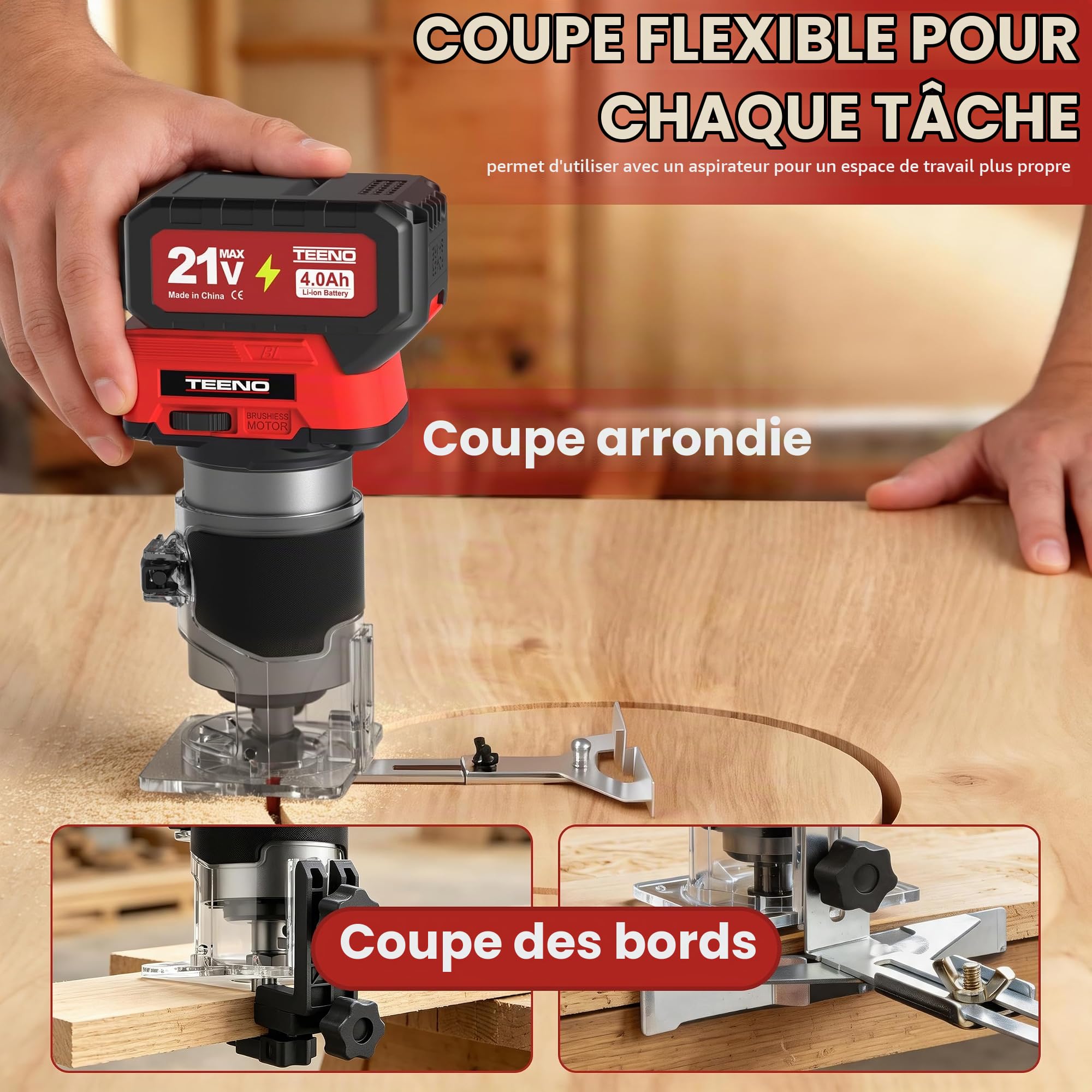 Rabot à bois sans fil 20V, mini défonceuse portable avec 2 batteries de 4,0 Ah et moteur sans balais, 6 vitesses variables jusqu'à 35,000 tr/min, livré avec guide de bord, guide à rouleau