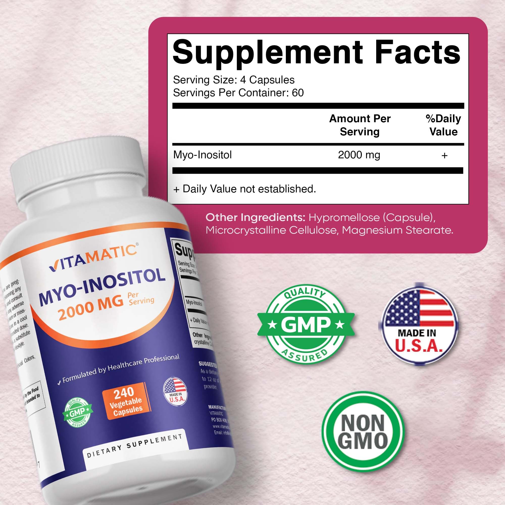 Vitamatic Myo-Inositol 2000 mg Per Serving – 240 Vegetable Capsules – 60 Servings – Non-GMO, Gluten Free – Made in USA — Amazon image 2