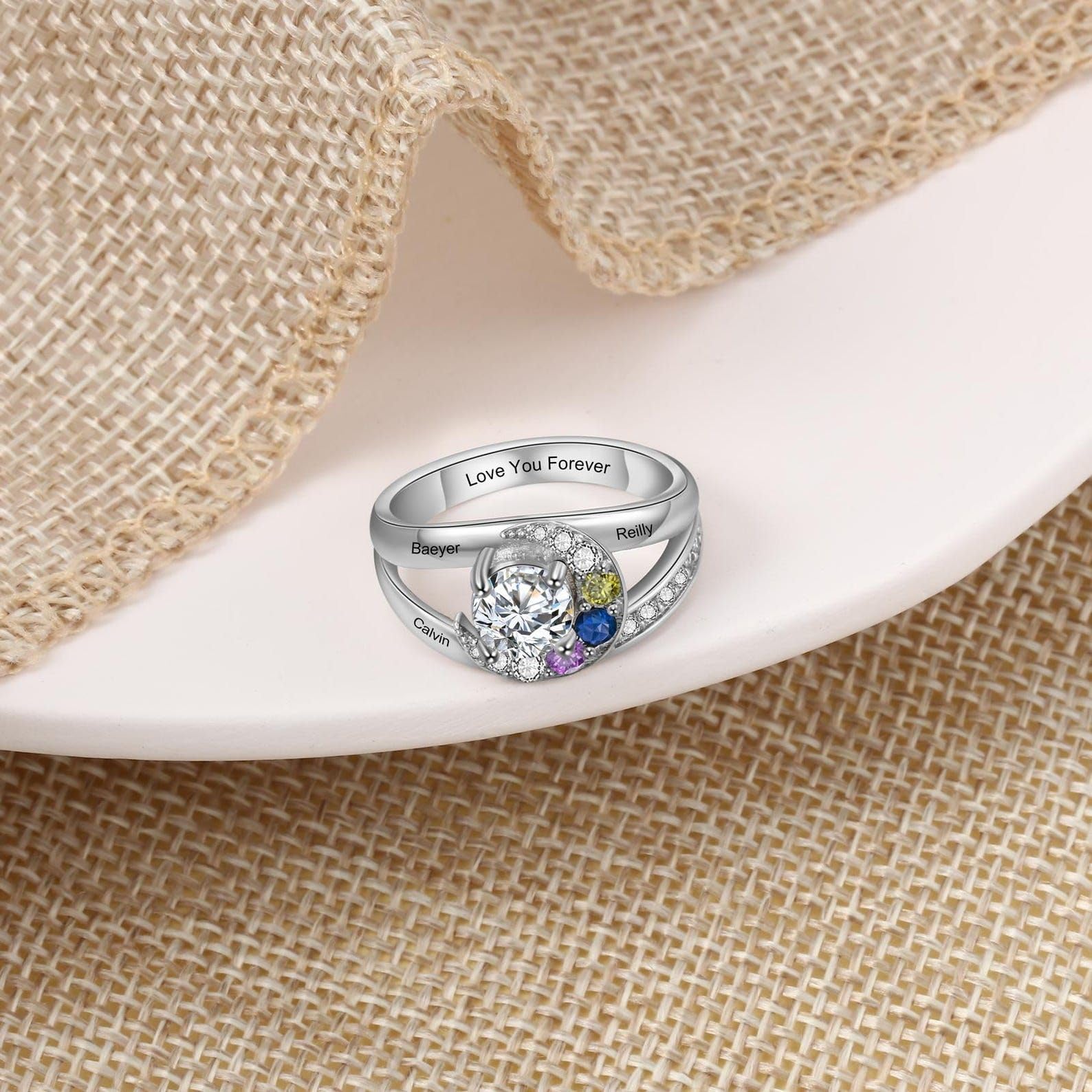Anillo de Navidad personalizado para las mujeres 925 de plata de ley familia Anillo de Navidad Madres Nombre grabado Día de la madre