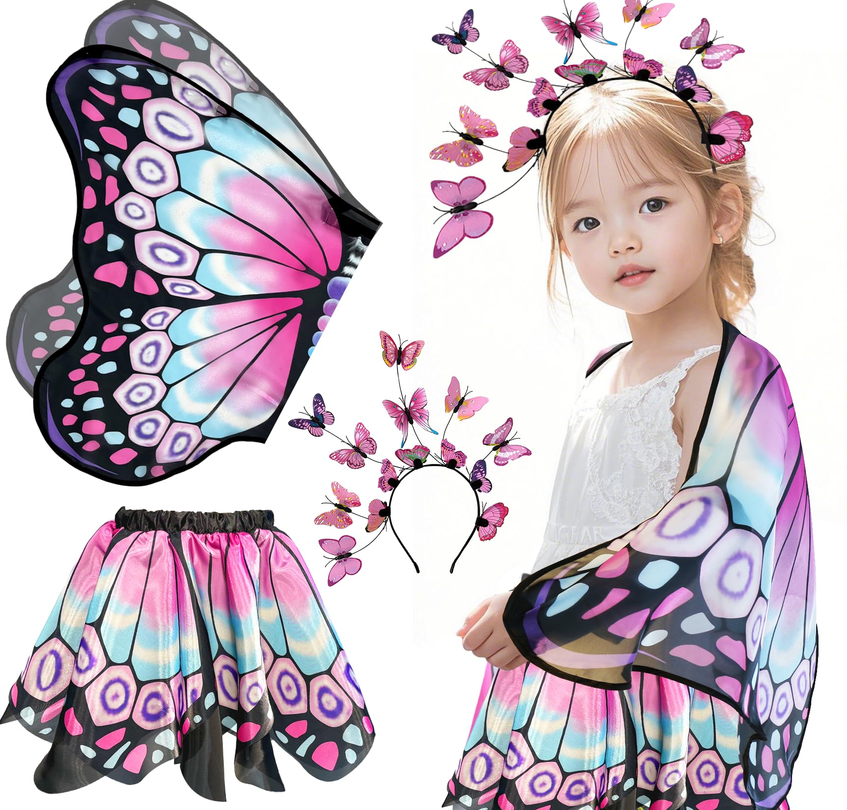 iROLEWIN Toddler Kids-Butterfly-Wings-Costume for Girls Dress-Up Fairy Wings Headband Tutu Pretend Play Toys Birthday Gift 3+