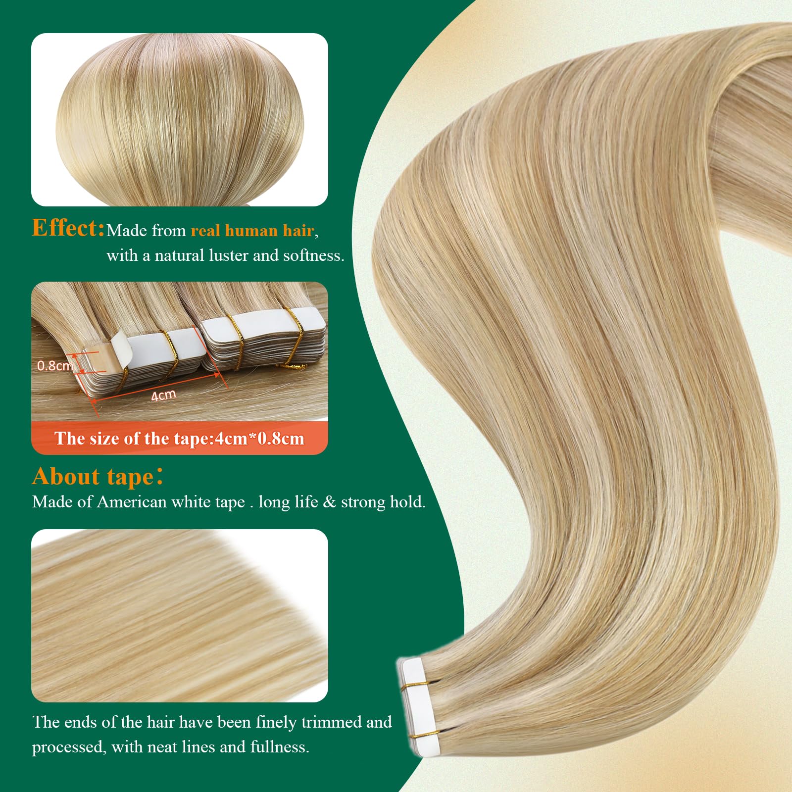 Easyouth Tape in Hair Extensions Remy Hair Highlight Tapes Extensions Human Hair Strawberry Blonde to Bleach Blonde Real Hair Extensions Tape in Glamorous Hair 22Inch 50g 20pcs - Image 4