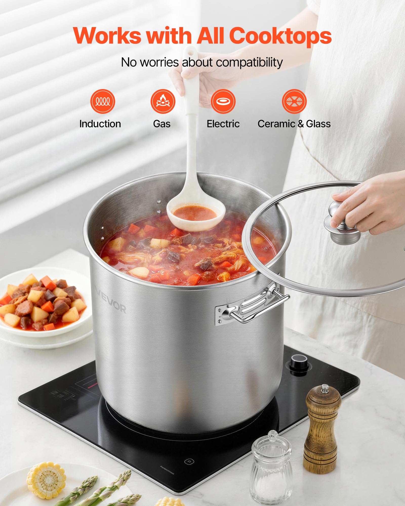 VEVOR Pentola in Acciaio Inox da 19,9 Litri, Casseruola in Acciaio Inox con Coperchio in Vetro per Cottura da Cucina Brodo, Pasta, Zuppa, Catering Ristorante Cucina Commerciale, Senza PFOA PFAS