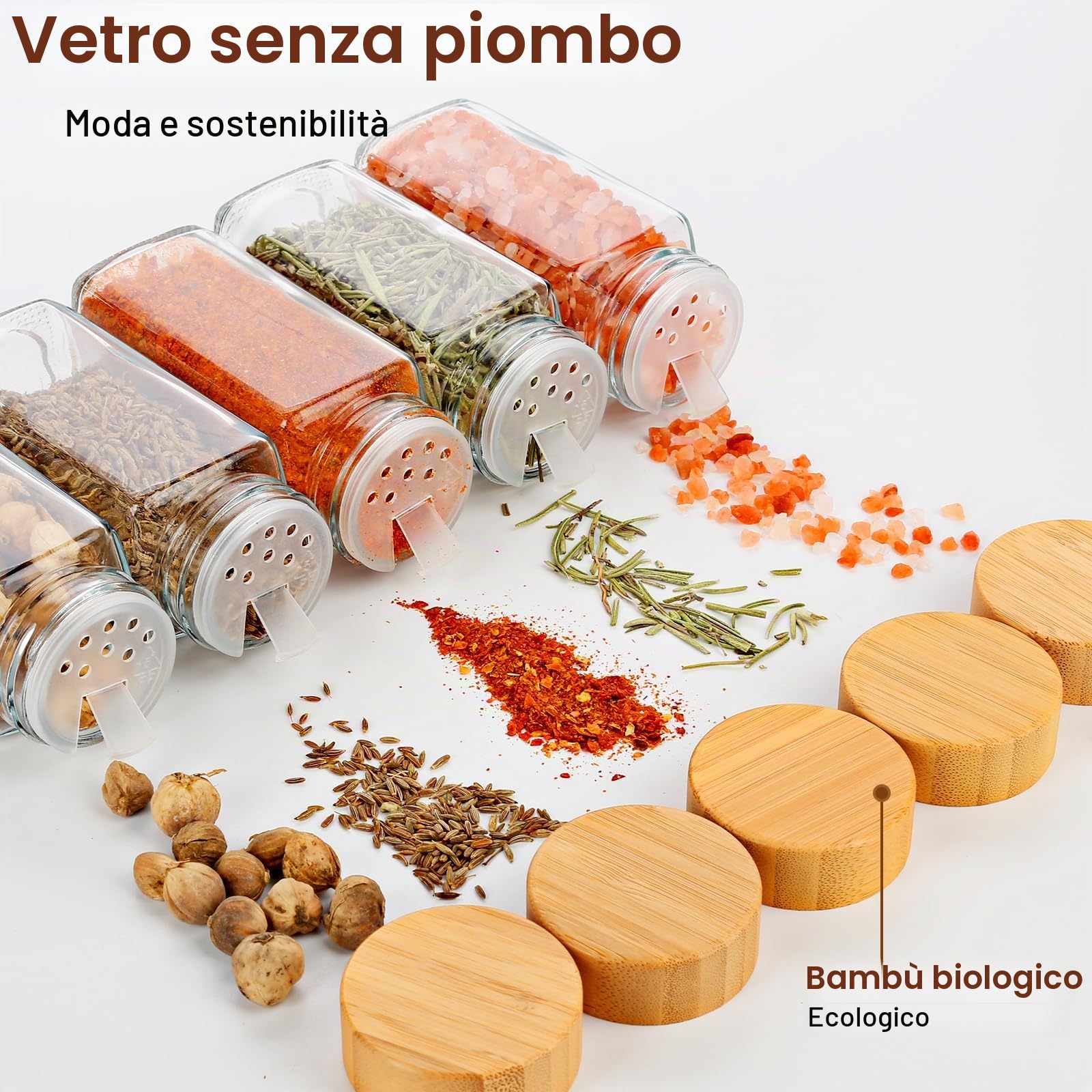 Lannvan Set di barattoli per spezie rettangolari [24 x 120 ml] con coperchio in bambù, contenitori per spezie con 246 etichette, contenitore per spezie con imbuto, adesivi vuoti, spazzola per la