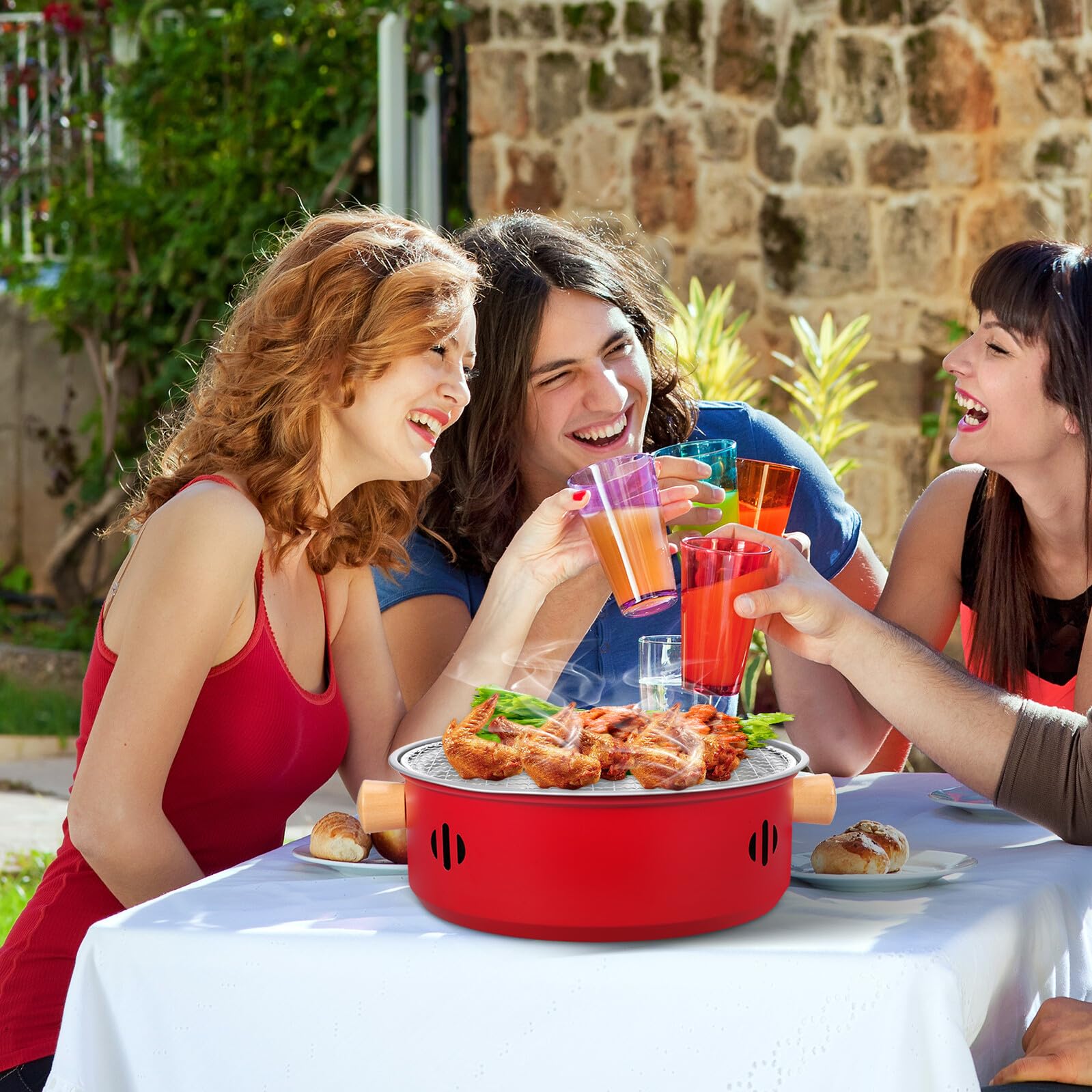 Barbecue Portatile a Carbone in Ferro Manici in Legno Mini Fornello da Tavolo per Esterni e Interni Set Compatto per Campeggio Picnic e Feste in Giardino Griglia Sollevabile e