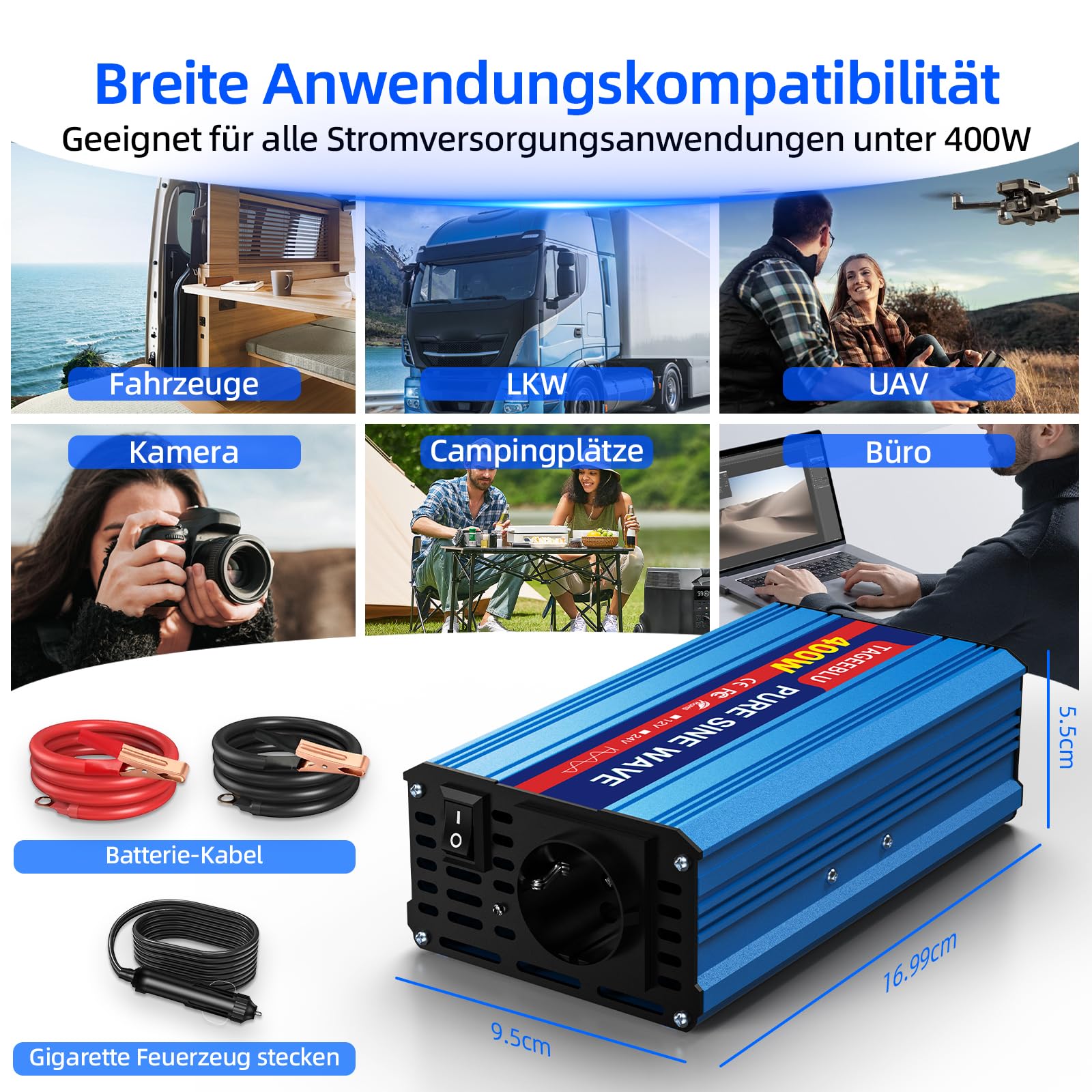 400W wechselrichter 12v auf 230v Reiner Sinus, spannungswandler 12v 230v, Wechselrichter für Fahrzeuge mit Alligatorclip, AC Steckdose und LCD Bildschirm