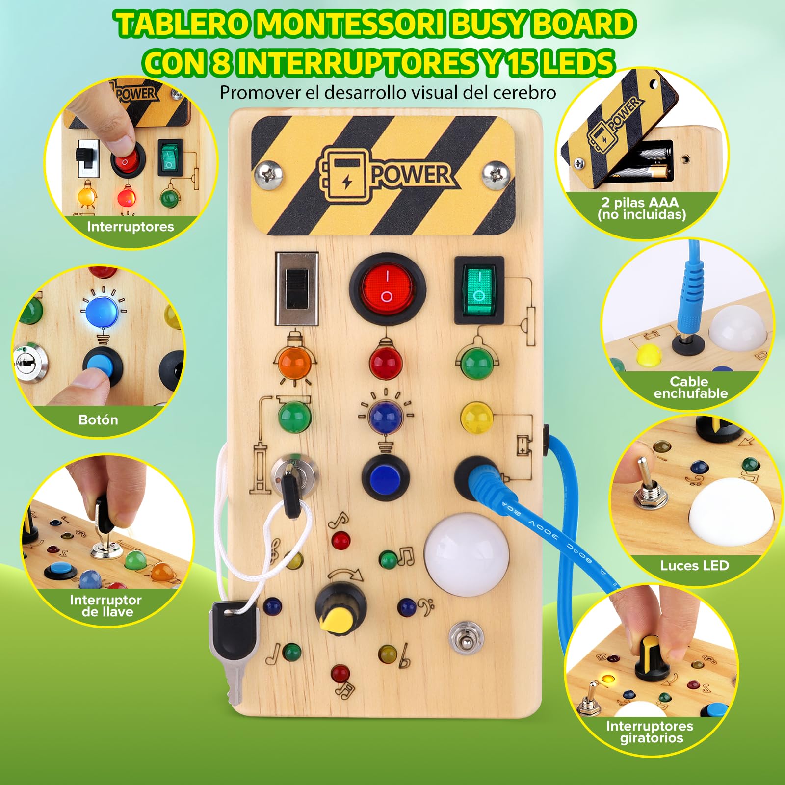 Hoarosall Montessori Busy Board de Madera con Interruptor Luminoso LED Juegos Montessori Juguete Niño Bebe 1 2 3 años Regalo Niño Juegos Educativos Juguetes de Viaje para Niños