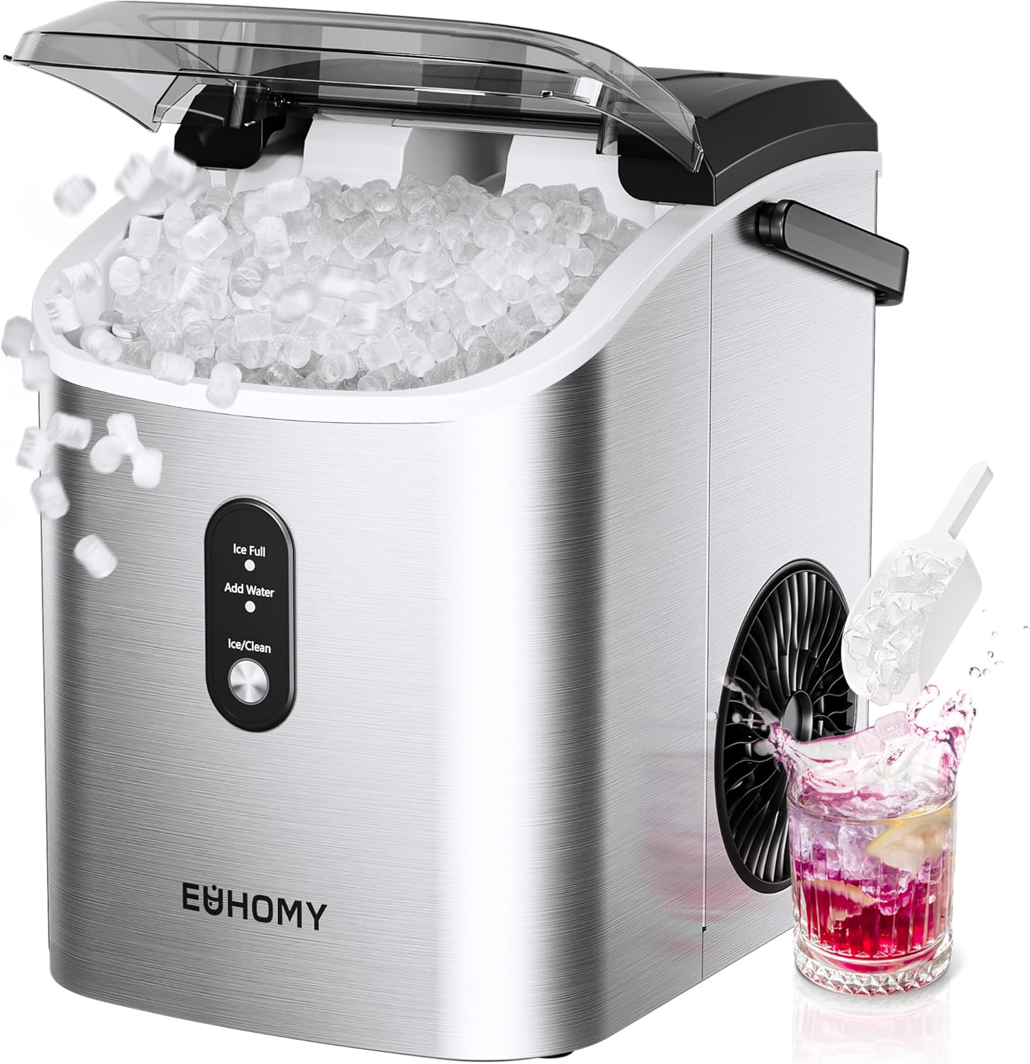 EUHOMY Nugget Ice Maker Countertop with Handle, Ready in 6 Mins, 34lbs Per Day, Removable Top Cover, Auto-Cleaning, Portable Sonic Ice Maker with Basket and Scoop, for Home/Party/RV/Camping (Silver) Steel Light Silver