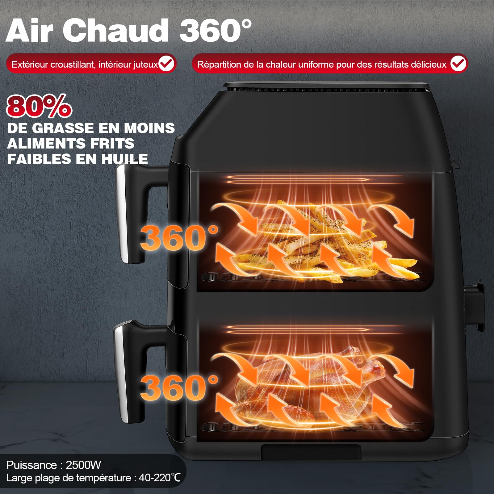 TopStrong Air Fryer XXL 11L, Friteuse Sans Huile Double Compartiment Superposé, Air Fryer 2 Compartiments, 2500W, 6 Fonctions, 8 Recettes, Lavable au Lave-Vaisselle, Économe en Énergie