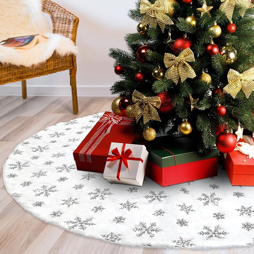 Immagine del prodotto Gonna per Alberi di Natale Bianco,Copri Albero di Natale Base per Albero di Decorazione, Peluche Tappeto Copertura Base Albero Natale, Christmas Tree Skirt, Diametro 120 cm, Fiocco di neve d'argento