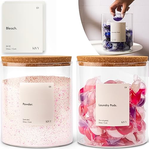 KIVY Dispensador de detergente para ropa sucia, tarro de vidrio + etiquetas 2 x 64 onzas Organización y almacenamiento de la habitación de