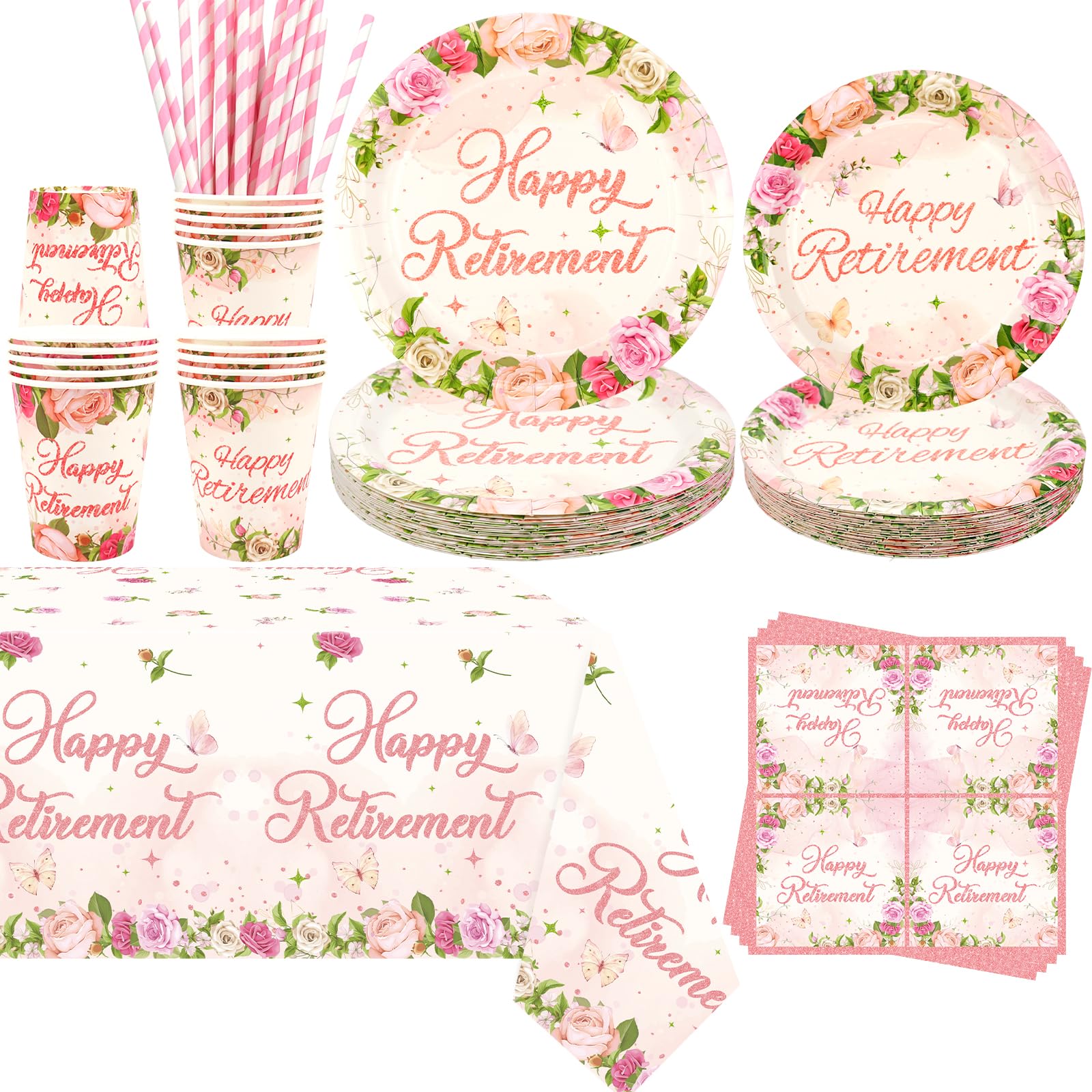 Set di decorazioni floreali per festa di pensionamento – Accessori per feste di pensionamento rosa, inclusi piatti, bicchieri, tovaglioli, tovaglia, cannucce – per 20 persone