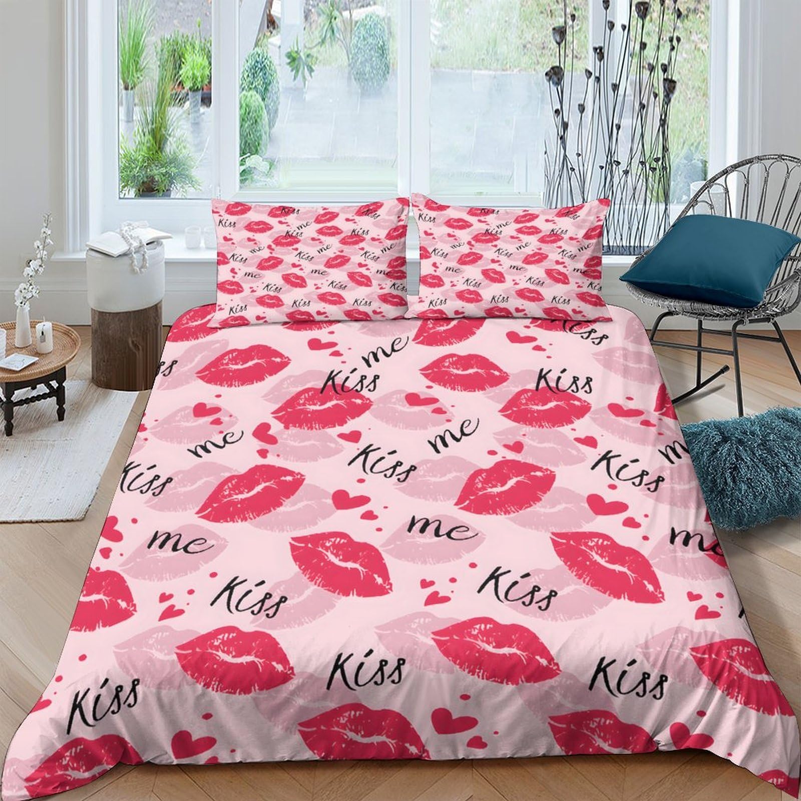 Ctjqhvkz Style-8 3D Printed Kiss Lips Fitted Sheet Microfiber Soft Pink Romantic Bed Sheet For Bedroom Guest Room Mattress Decor Single（135X200cm）