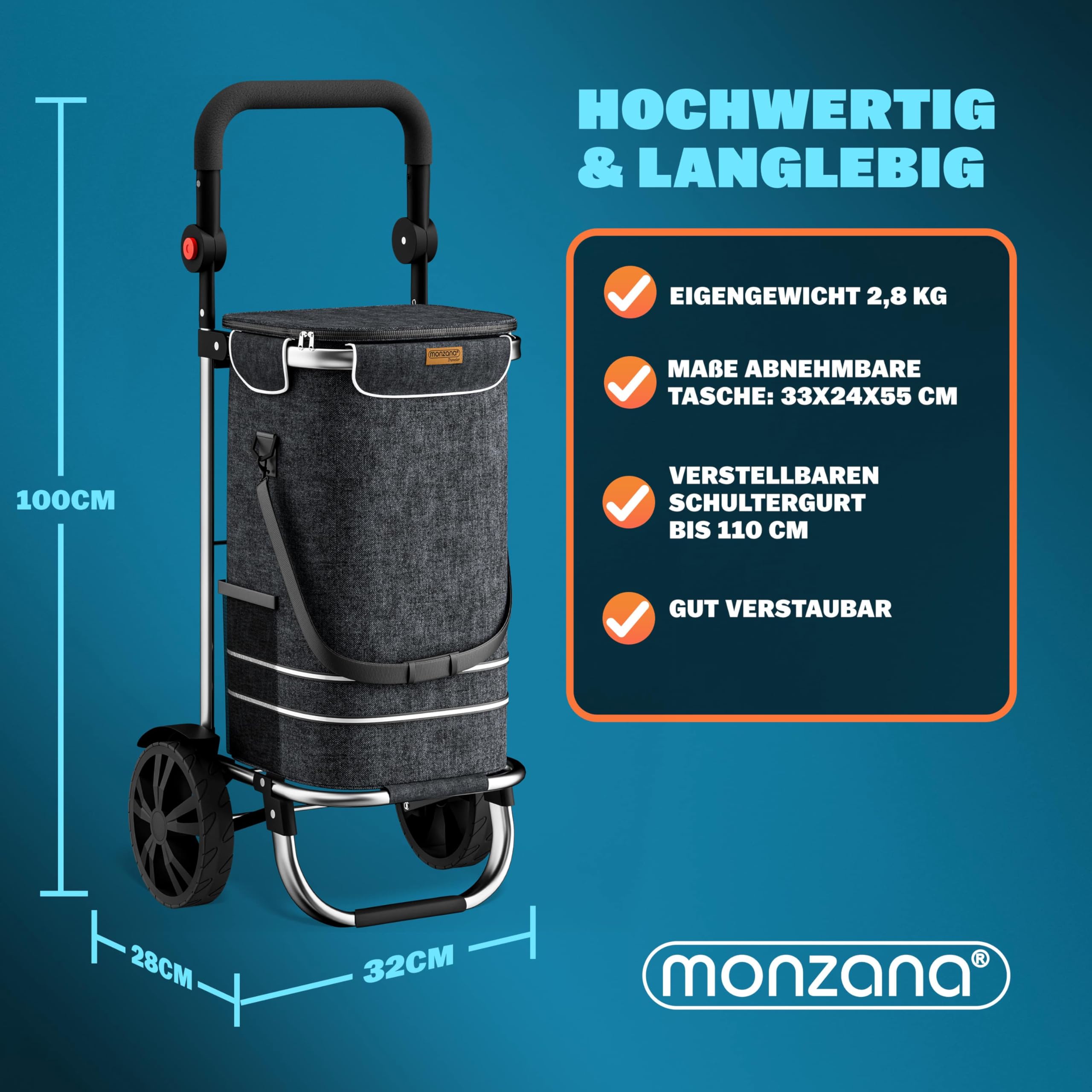 MONZANA® 3in1 Einkaufstrolley 56L bis 50 kg klappbar abnehmbare Tasche Handwagen Einkaufswagen Einkaufshilfe Roller Schwarz