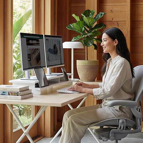 Miniatura 7 de Soporte elevador de monitor doble para escritorio, estante de escritorio de madera, organizador de almacenamiento con soporte para teléfono y