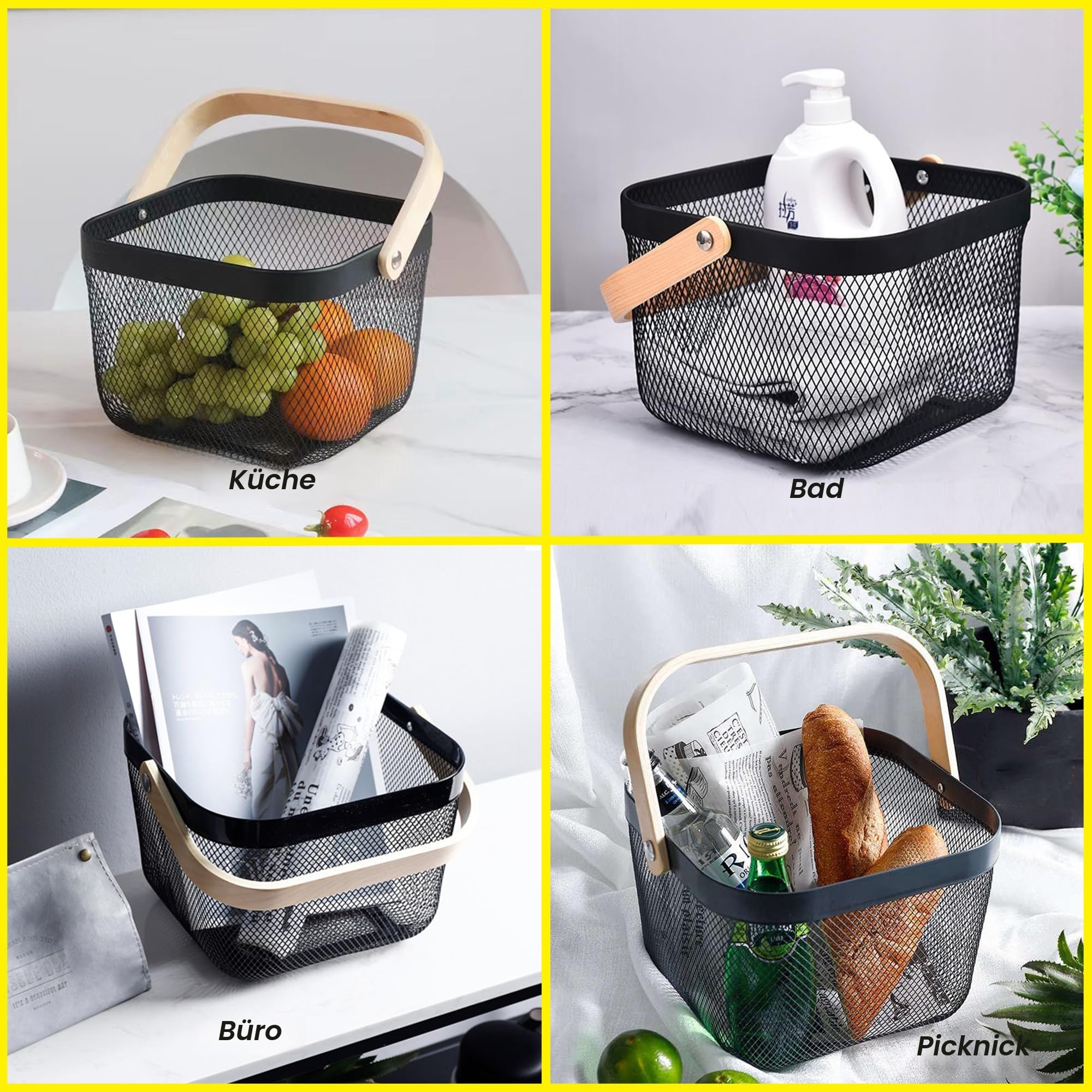 2 Stück Garten-Erntekörbe, Picknickkörbe mit robustem Metallgeflecht und Bambusgriff, perfekt zum Einkaufen, Gartenarbeit, Picknicks und Organisieren