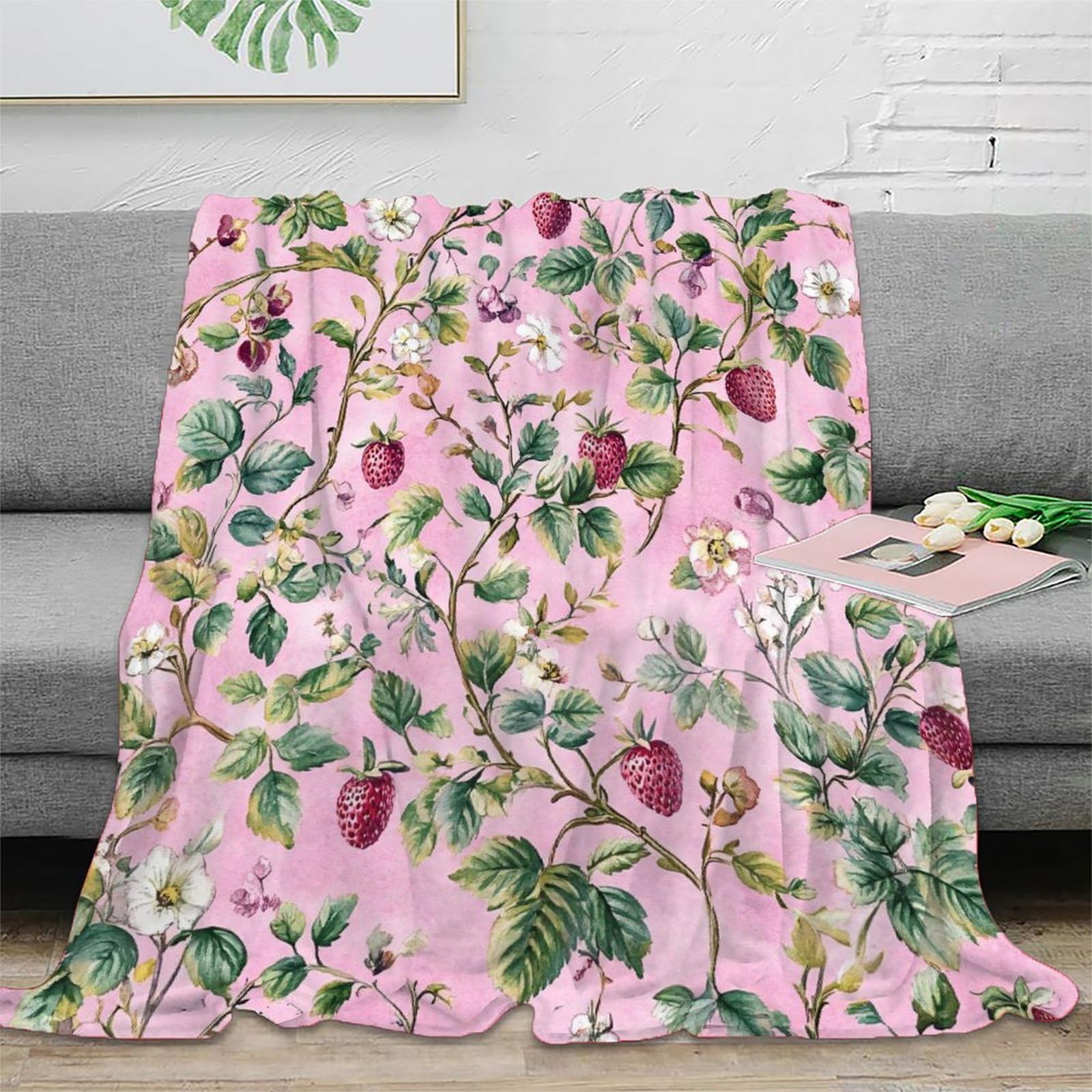 Phqazwsxe Xu52fozqxo2o 3D Printed Strawberry Vines Travel Blanket Microfiber Warm Soft Bedding Breathable Botanical Garden Pattern Home Blanket For Holiday Celebrations Birthday Anniversary 50X60inch(127X152cm)