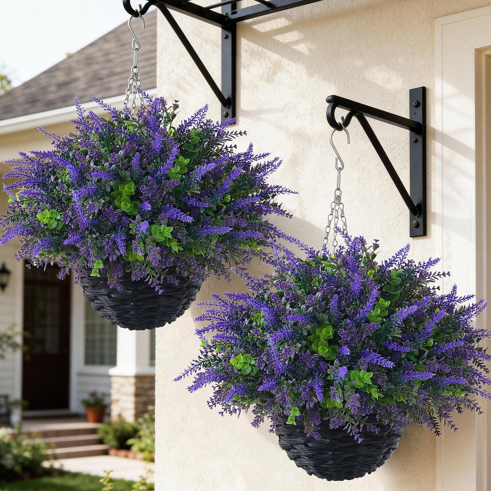 VIERENA 2 Sets Artificial Lavende & Eucalyptus Leaves Hanging Basket for Outdoor,UV-Resistant Fake Flower Hanging Basket for Porch,Window,Garden,Farmhouse,Eaves,Yard Decor