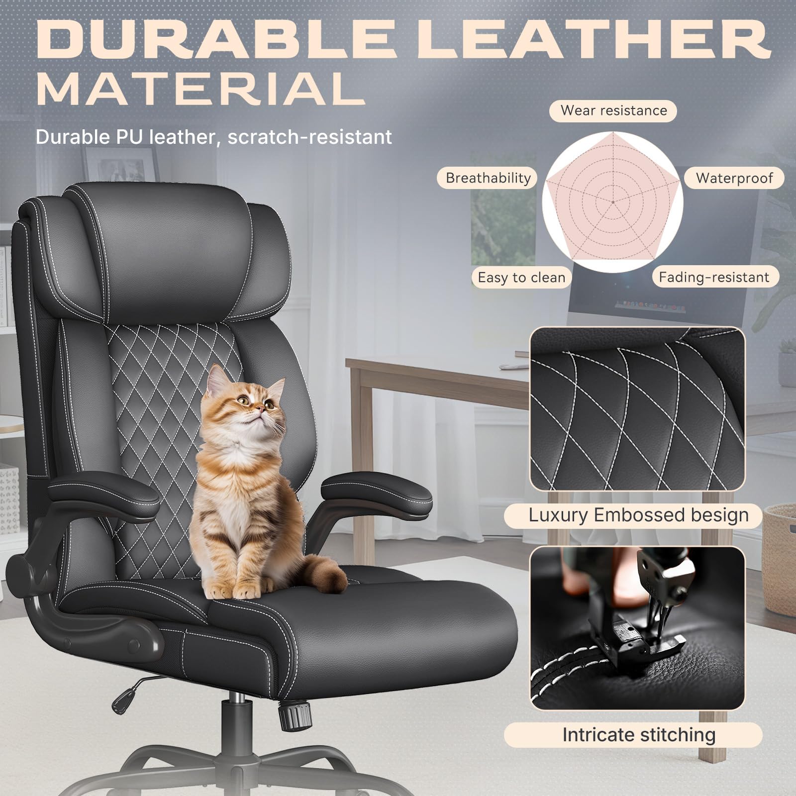 Office Chair-Executive High Back Breathable Comfy Desk Chair with Flip-up Armrests Lumbar Support-Ergonomic Leather Rolling Swivel Chair with Rock Function for Working Studying Gaming