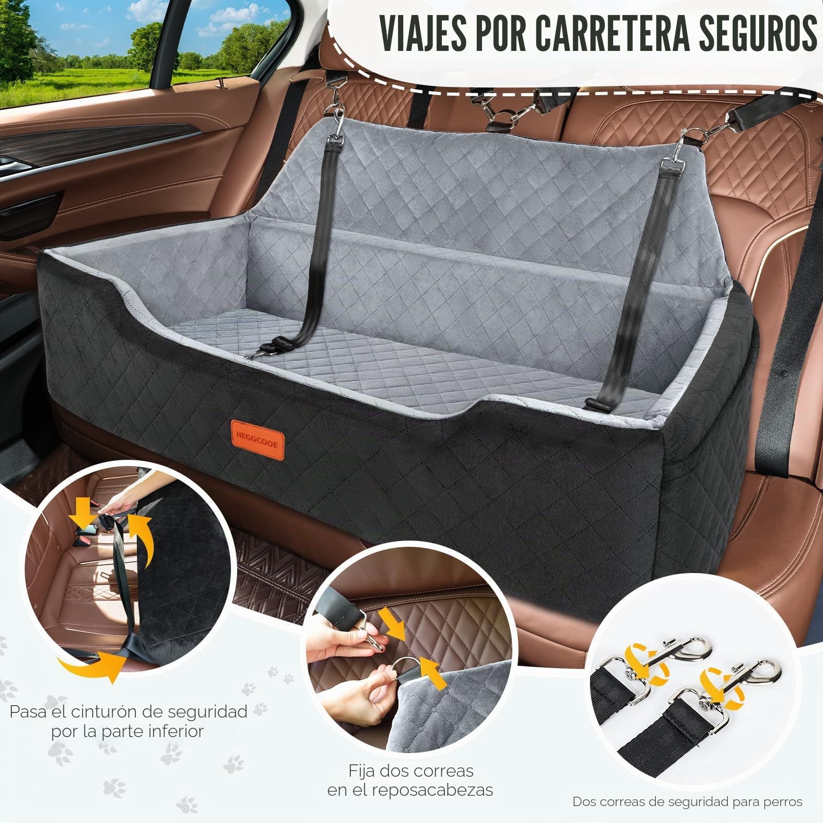 HEGGCOOE Asiento de Coche Grande para Perros de Menos de 100 Libras, Cama Lavable para 2 Perros medianos, Asiento de Coche Desmontable para Mascotas con Correas de Seguridad y Bolsillos de