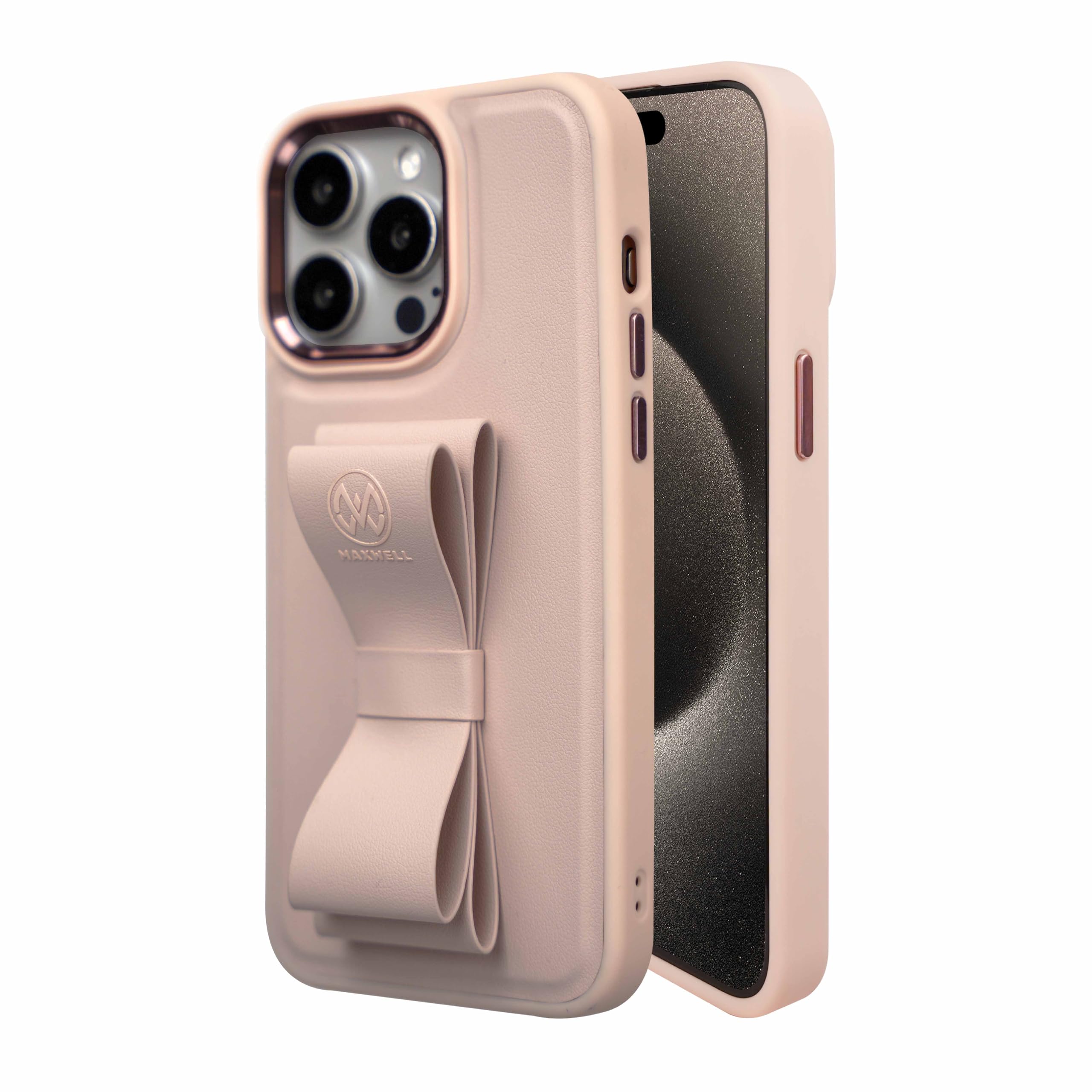 MaxwellRibbon Grip Flexible Case Compatible with iPhone 15 Pro Max - Drop-Proof, Full Protection with Metallic Camera Lens Protection, Built-In Viewing Stand (Pink)