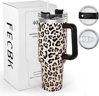40oz Tumbler with Straw and Lid 1.2L, 100% Leak-Proof Travel Mug with Handle, Stainless Steel Vacuum Insulated Water Bottle Coffee Cup Keeps Cold 34H / Hot 12H, Cheetah
