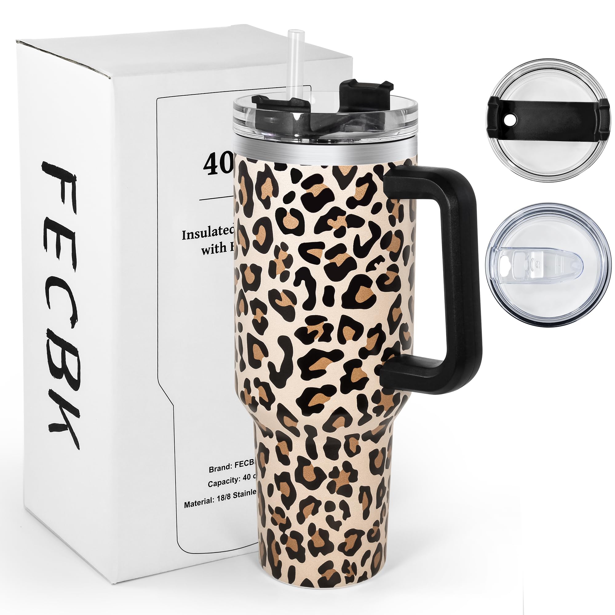 FECBK 40oz Tumbler with Straw and Lid 1.2L, 100% Leak-Proof Travel Mug with Handle