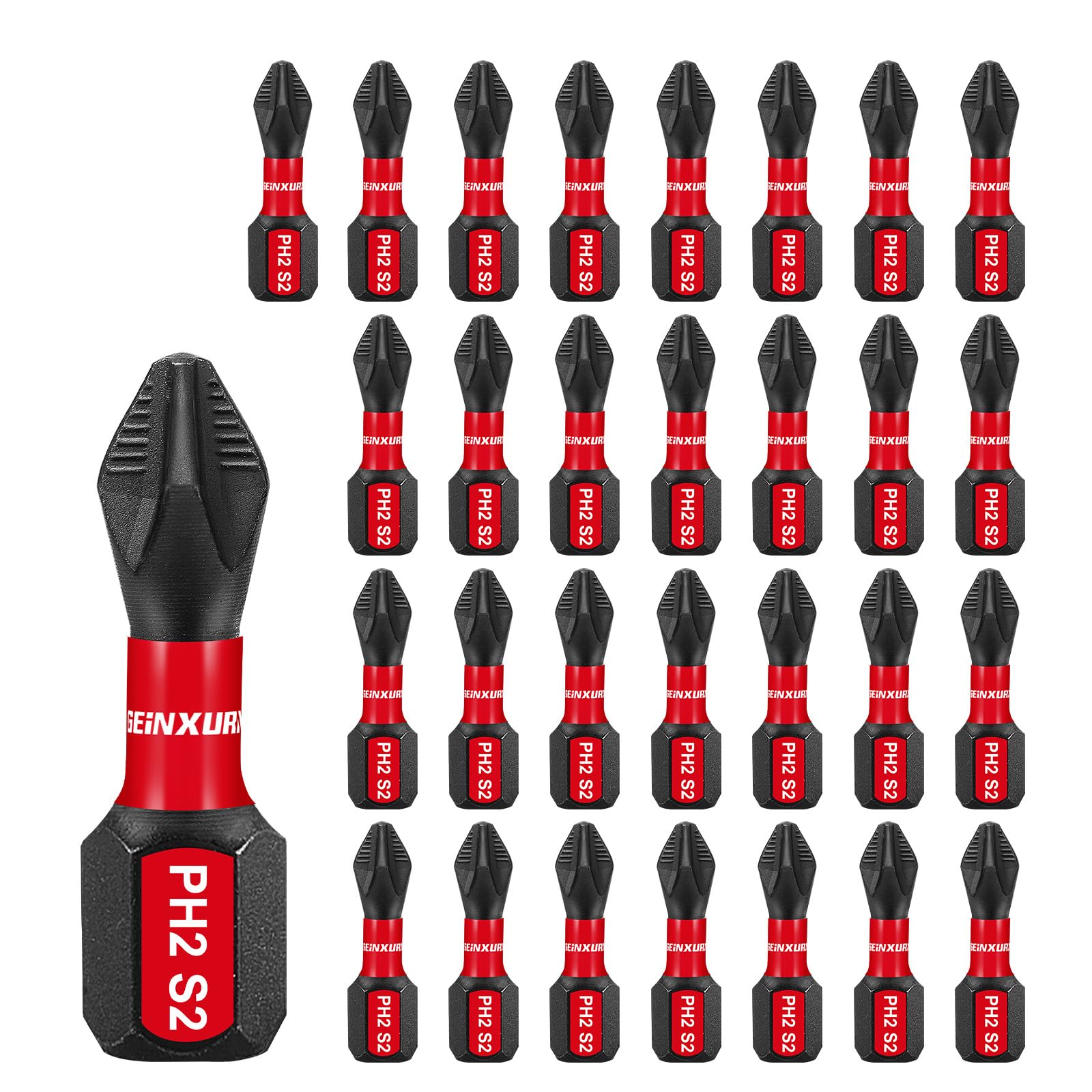 Geinxurn Juego de 30 puntas magnéticas #2 Phillips de 1 pulgada. Puntas de destornillador hexagonales antideslizantes, vástago hexagonal de 1/4 pulgadas resistente a impactos PH2 juego de puntas de