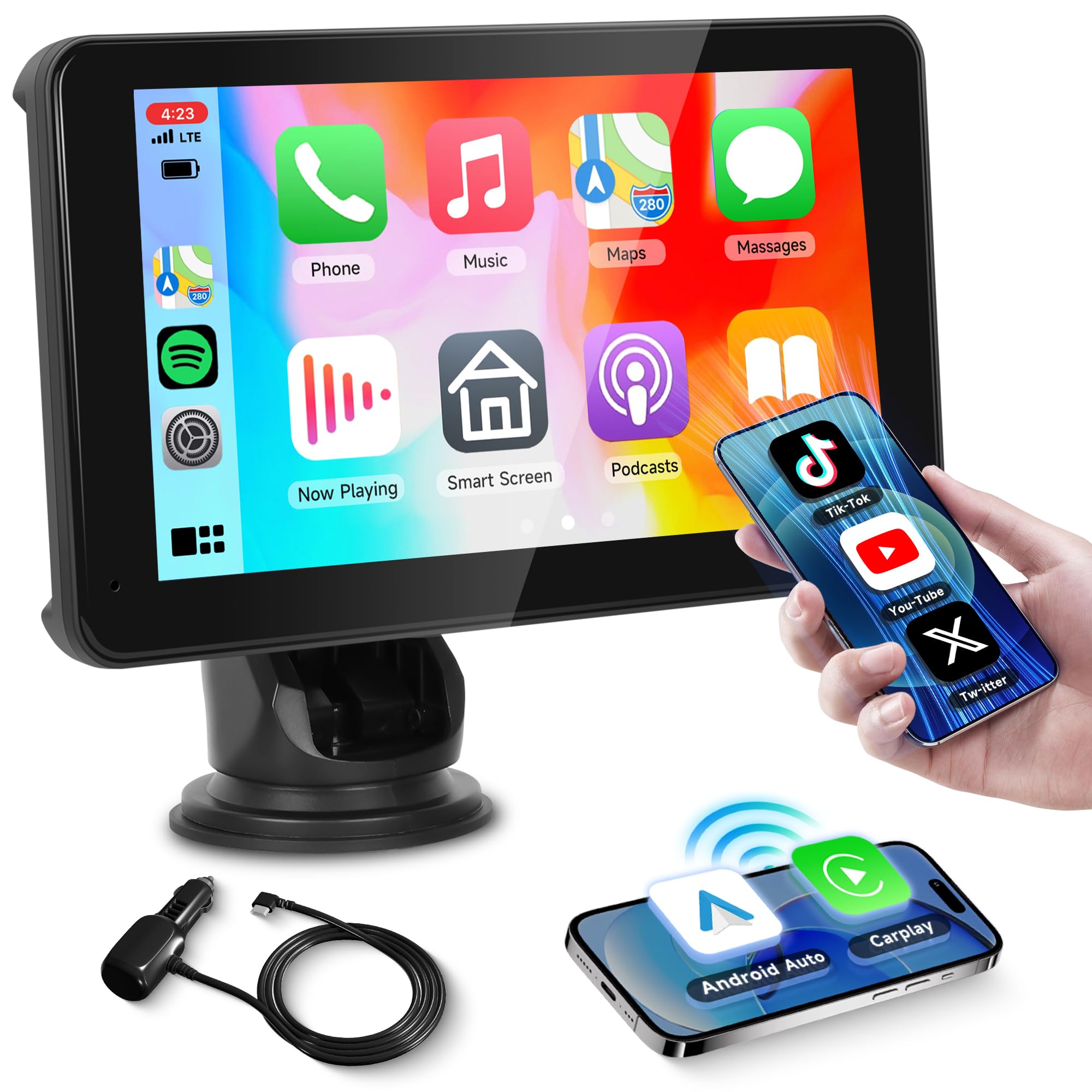 Rimoody Portable Car Stereo Wireless Apple Carplay Screen Android Auto Screen, 7 Inch Touch Screen Portable Carplay Screen with Bluetooth FM Transmitter Mirror Link Voice control AUX Cable