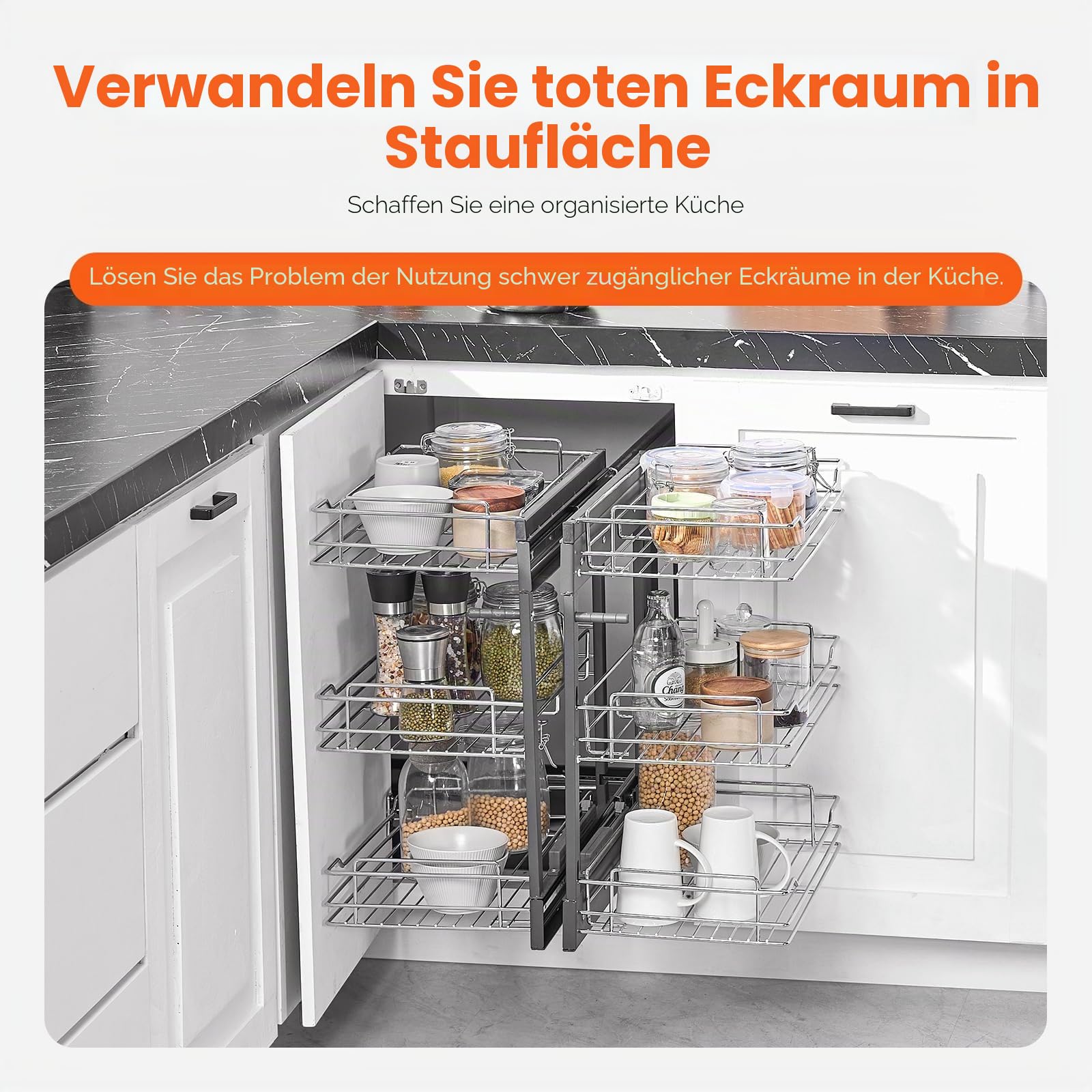 VEVOR Küchenschrank-Organizer mit 3 Ebenen & 6 Ablagen, Aufbewahrungskorb aus verchromtem Karbonstahl, Aufbewahrungs-Organizer, links und rechts zu öffnen, min. Türöffnungsbreite 38 cm
