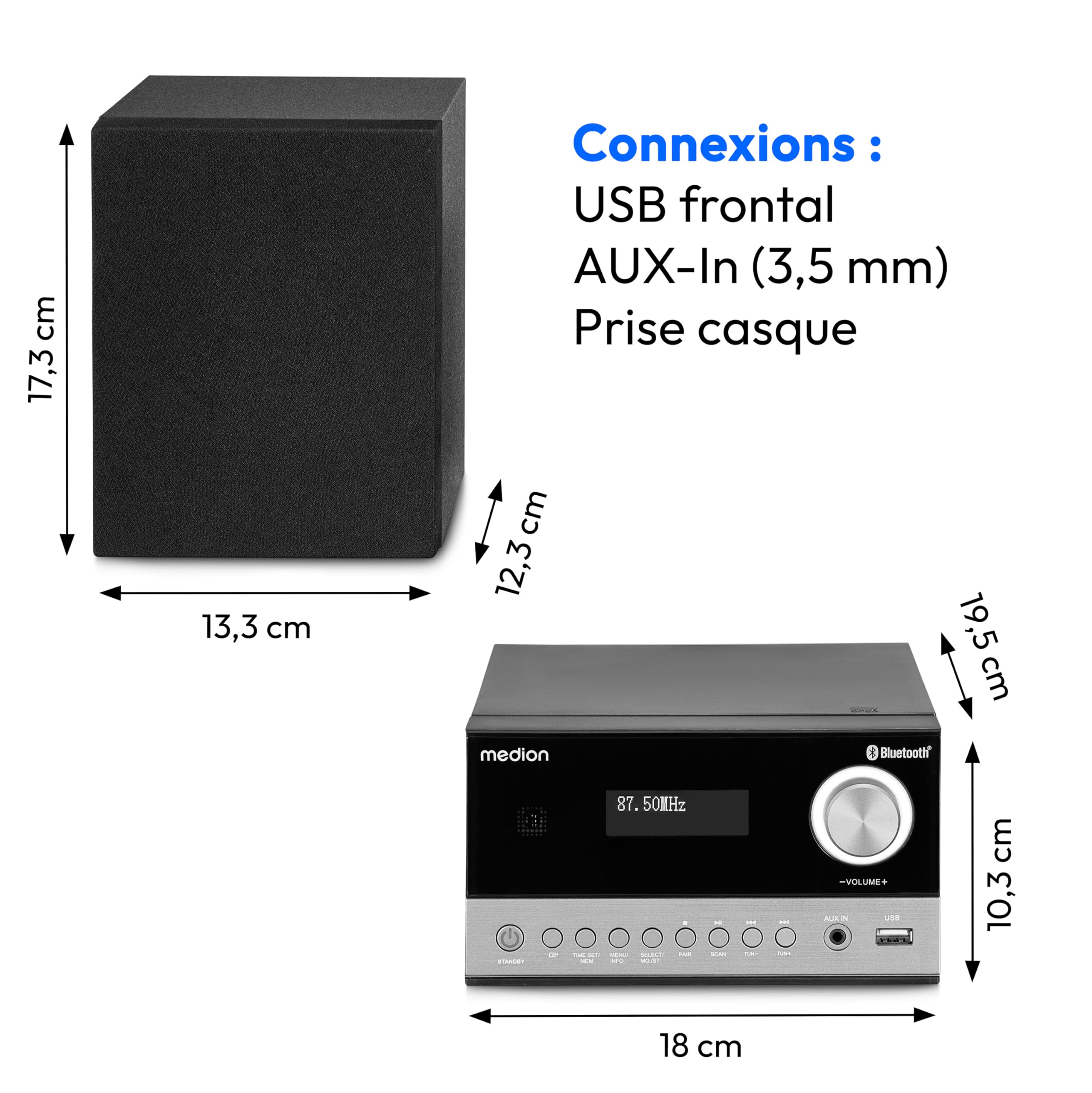 MEDION E64088 Microsystème Audio Compact (Dab+, Lecteur CD. PLL FM Radio, Bluetooth, Connexion USB, Sleeptimer, MP3, écran LCD avec Affichage 12/24 Heures)
