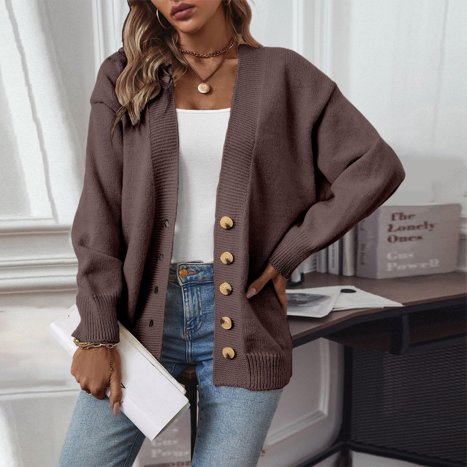 Strickjacke Damen Mit Knöpfen Leichte Jacke Langarm Übergangsjacke | Strickjacken Einfarbig Herbstjacke Damen Leicht Cardigan Casual Strickmantel Frauen V Ausschnitt Damenstrickjacke Knöpfe