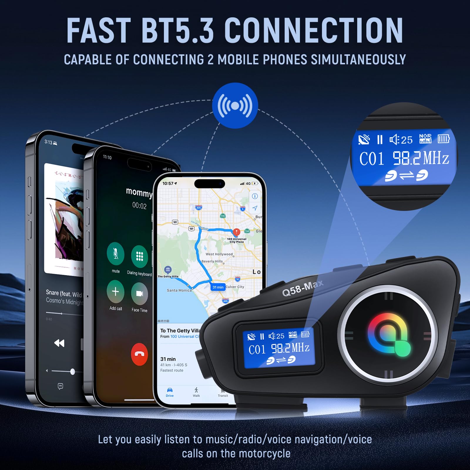 Intercomunicador Moto Auriculares Casco Intercom Moto Impermeable Sistema de Comunicación 1000m, Radio FM BT5.3 Asistente de Voz Llamadas Sin Manos