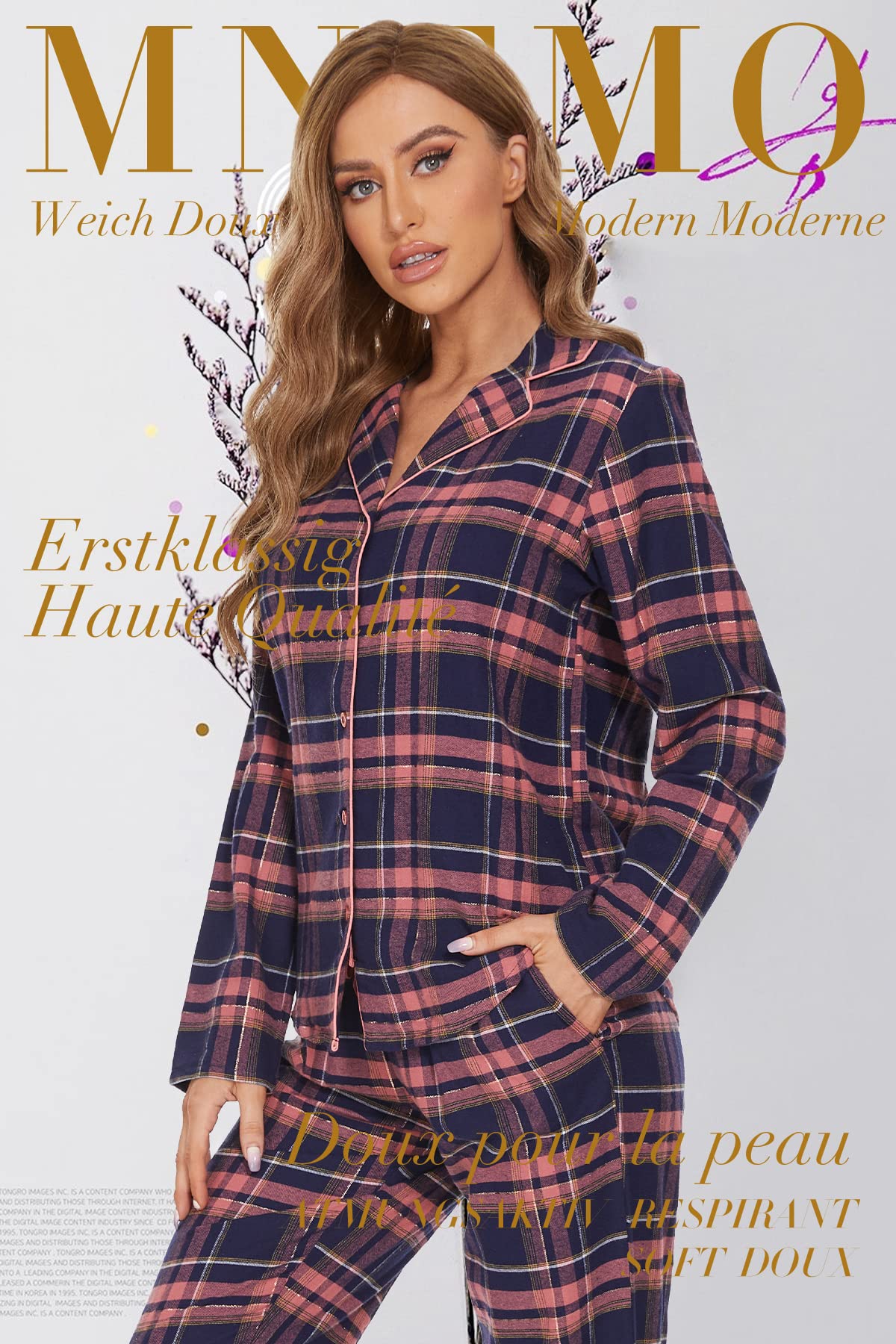 Mnemo Home Pijama largo de franela para mujer 100% algodón de franela