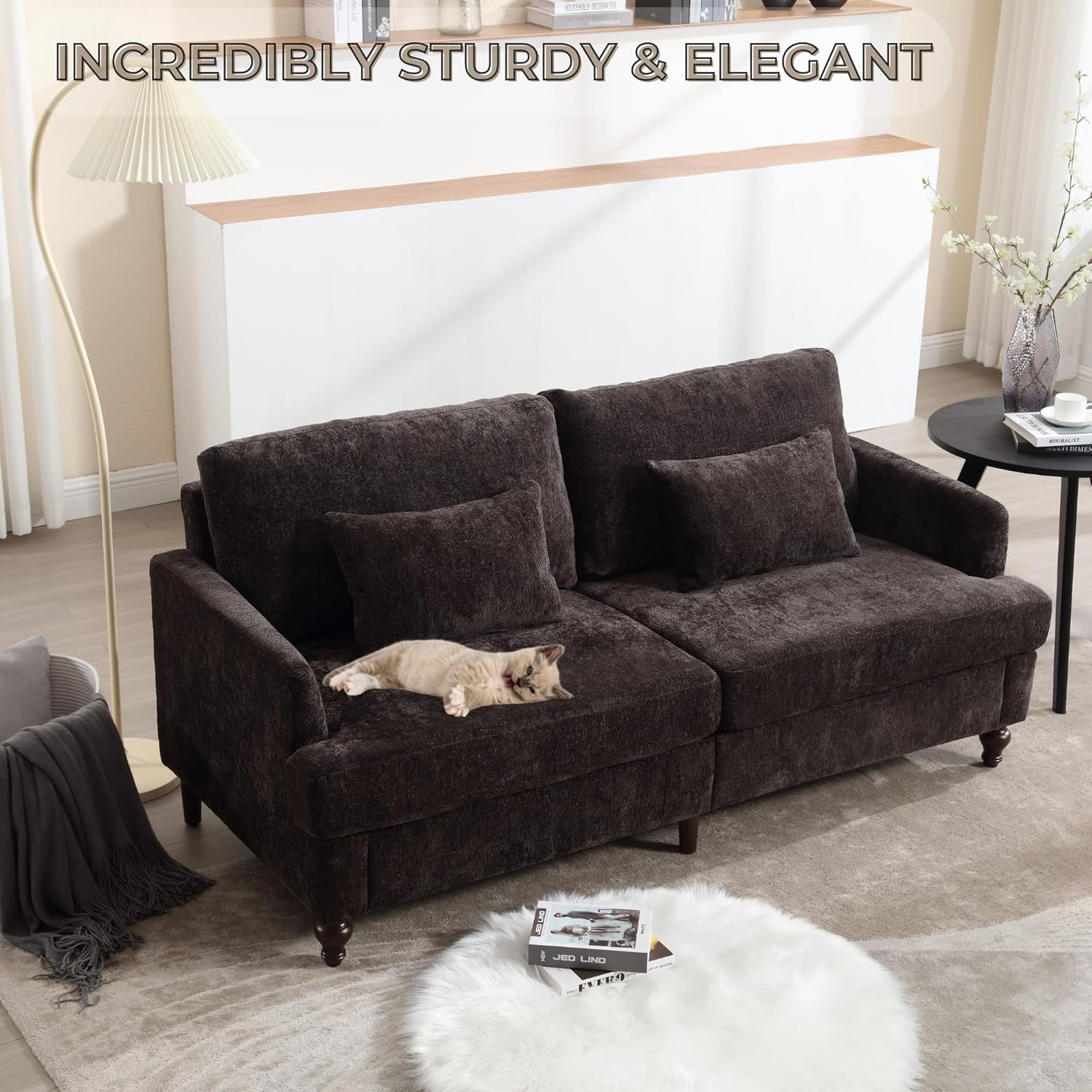 Chenille Modern Loveseat Couch Sofa 68" Black Cloud Futon Couch with Armrest,2 Pillows,Wood Leg Comfy Upholstered 2 Seater Sofa Couches for Living Room Small Space Bedroom Apartment