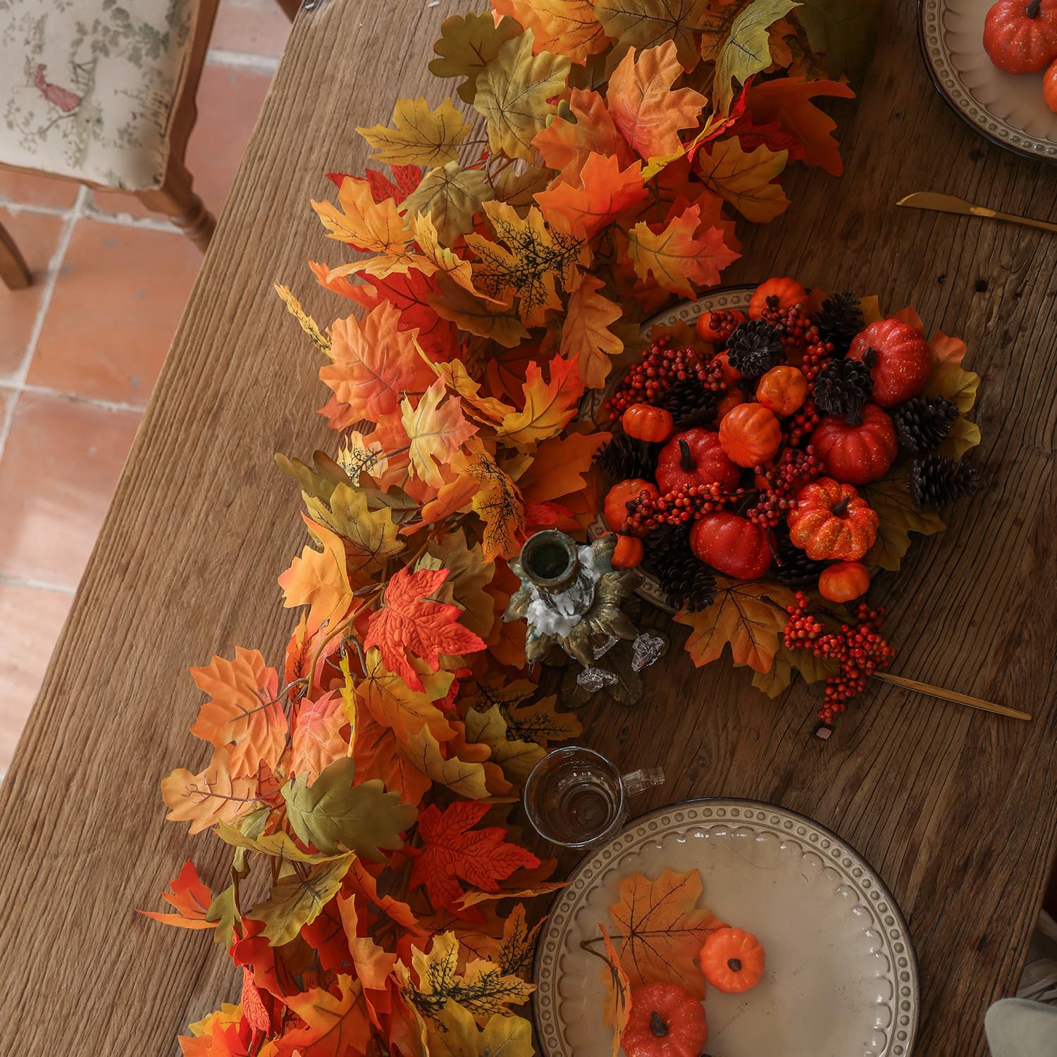 PARTY JOY Lot de 6 guirlandes de feuilles d'orange, guirlande d'Halloween de 1,5 m, feuilles d'érable artificielles à suspendre, décorations d'automne à suspendre, décorations d'automne