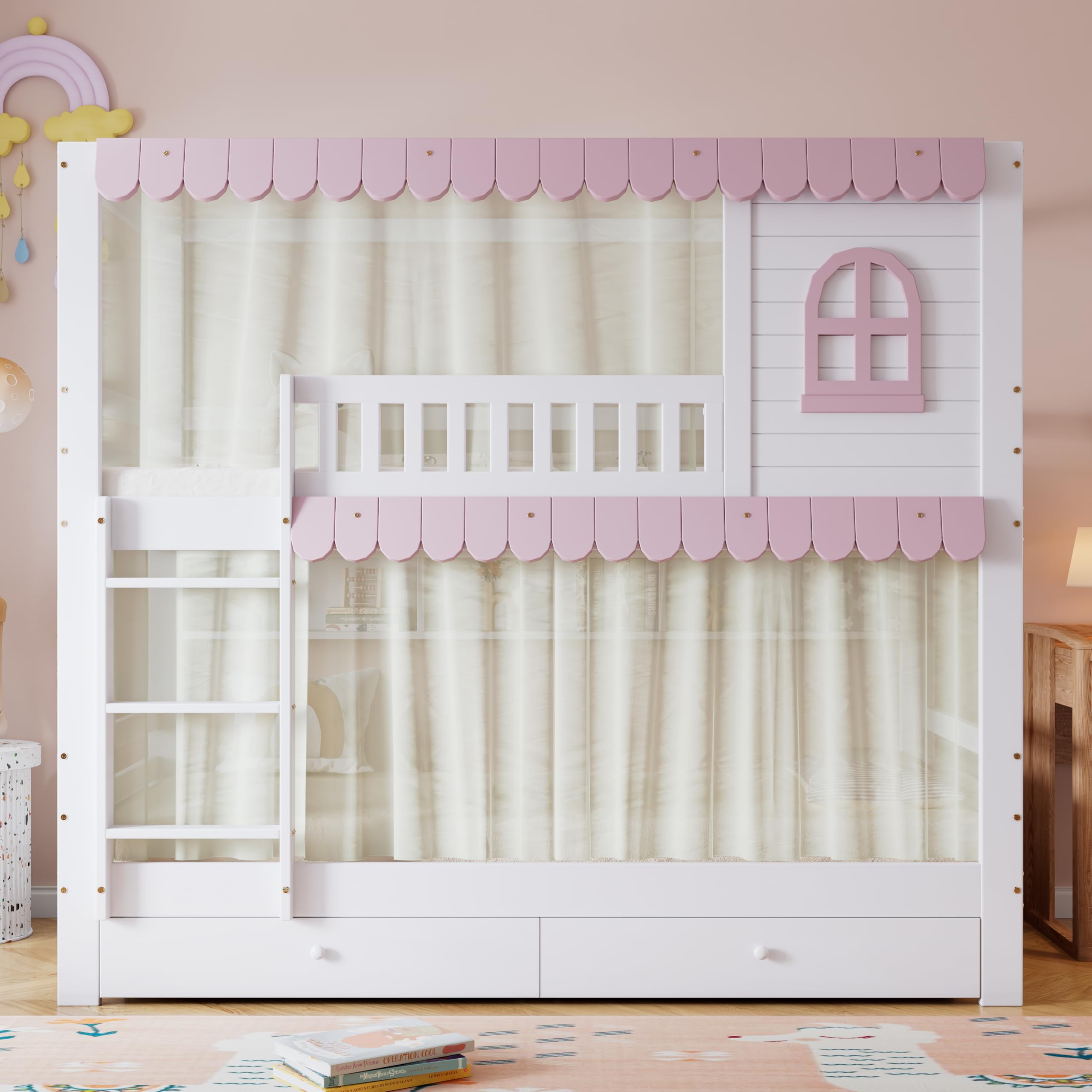 Letto a castello per bambini, 90 x 200 cm, con design a tenda, 2 cassetti grandi e scomparti multipli nel letto, lettino con rete anticaduta e rete a doghe, pino+MDF, bianco+rosa
