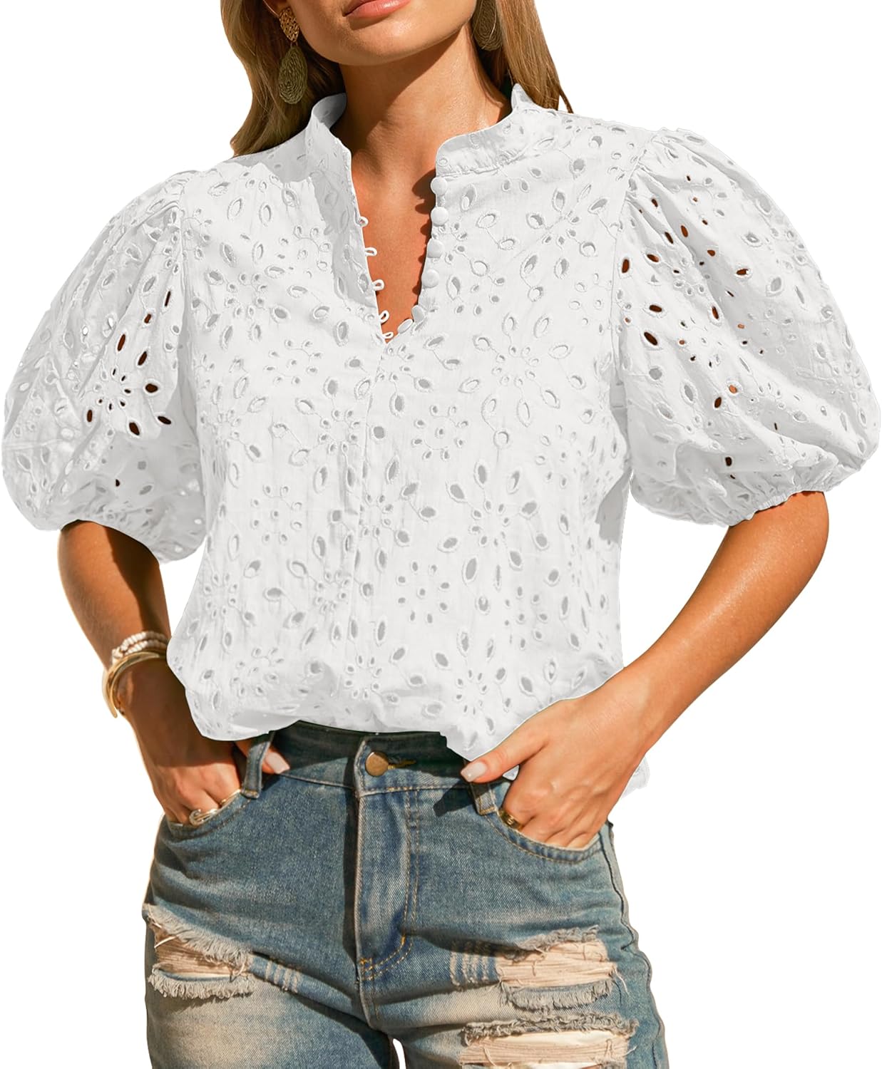 Womens Eyelet Summer Tops Lantern Short Sleeve Button V Neck Dressy Casual Blouses Hollow Out Embroidered Lace Shirts