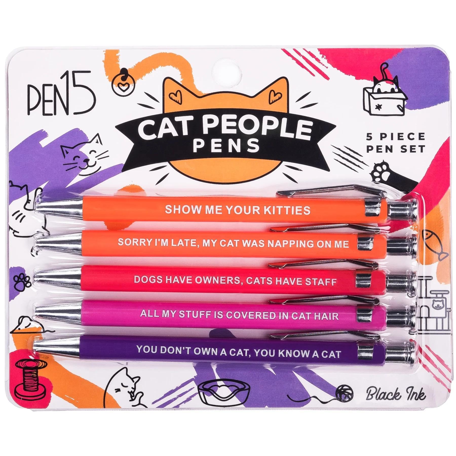Funny Cat People Pens - Snarky Office Gag Gift, Black Ballpoint Pens with Humorous Sayings for Pet Owners, Cat Lovers, Coworkers