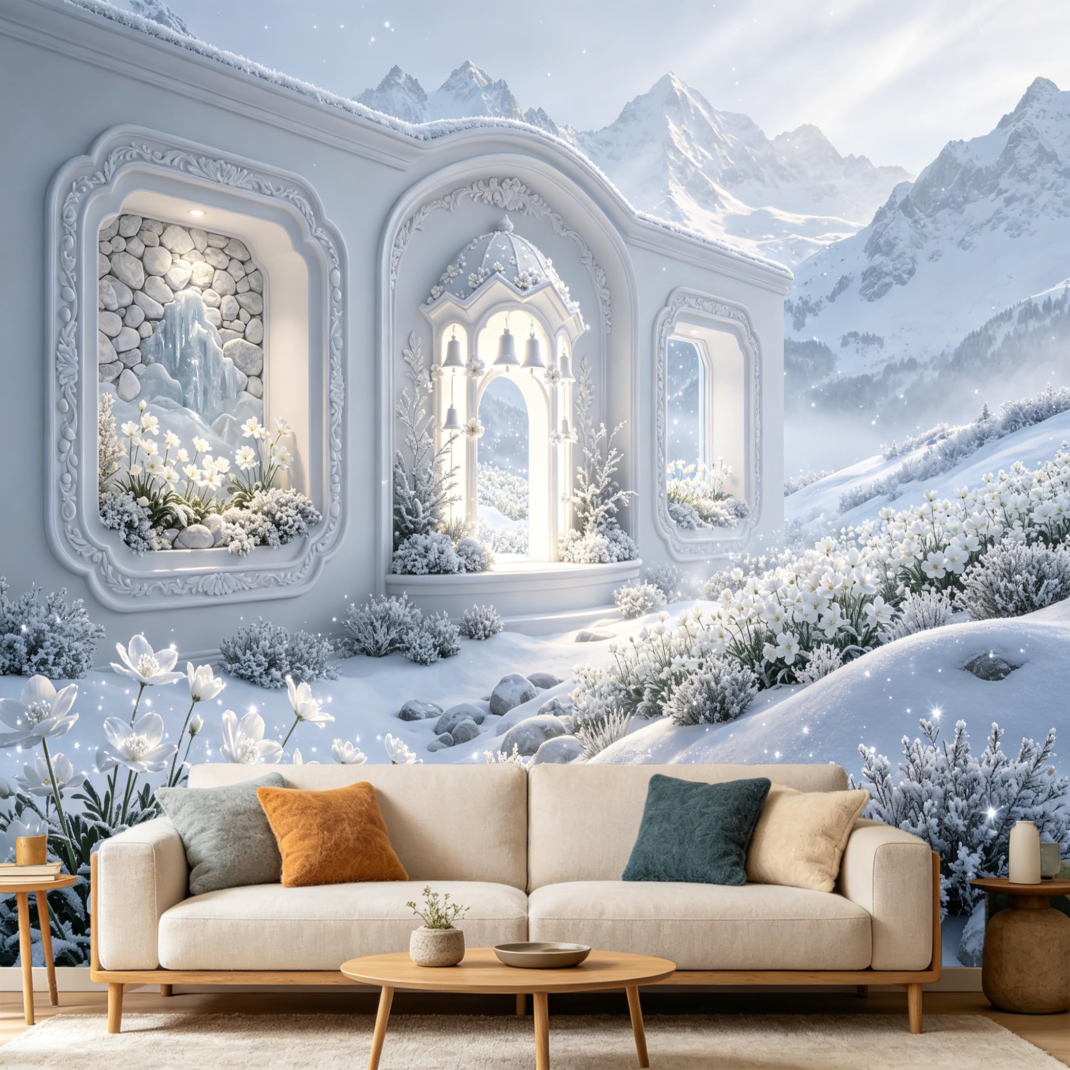 Custom Size Wall Mural， White Snowy Mountain Landscape Winter Archway Elegant Floral， SelfAdhesive Art Prints wall Fabric Removable Large Wallpaper Home Living Room Decor