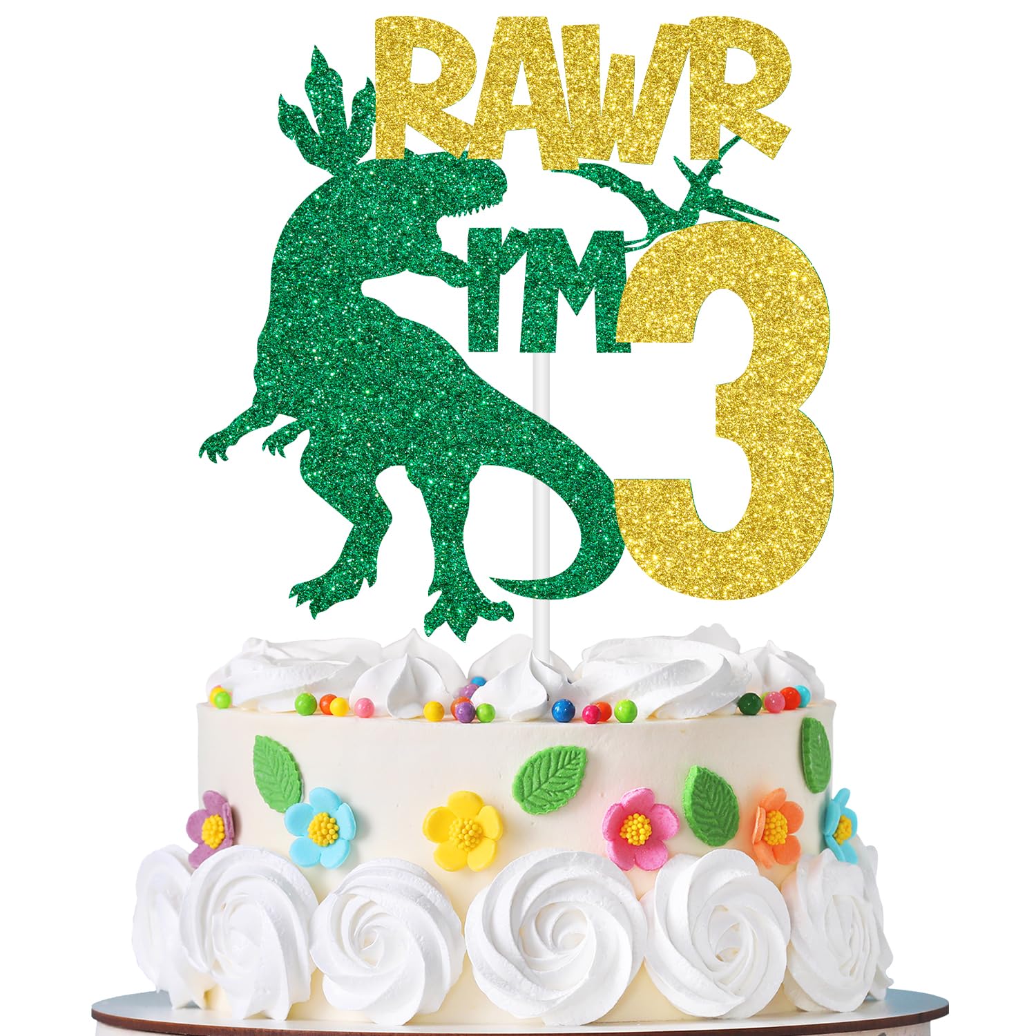 Rawr I’m 3 Cake Topper, Happy 3rd Birthday Cake Decor for Boys, Three Rex, Dinosaur Jungle Safari Theme 3rd Birthday Party Decorations Supplies Green