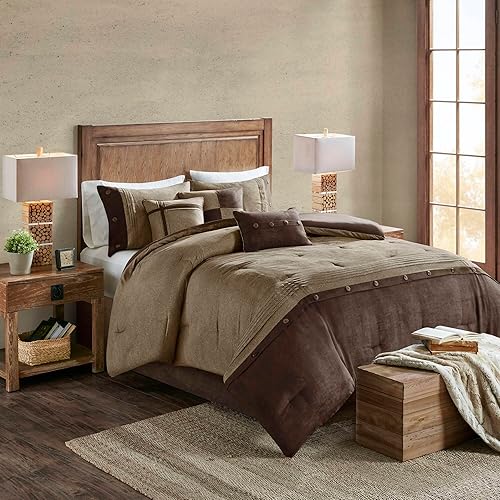 Madison Park Boone Cozy Comforter Set, Faux Suede, Deluxe Hotel Styling All Season Down Alternative Bedding Matching Shams, Decorative Pillow, King (104 in x 92 in), Rustic Brown 7 Piece