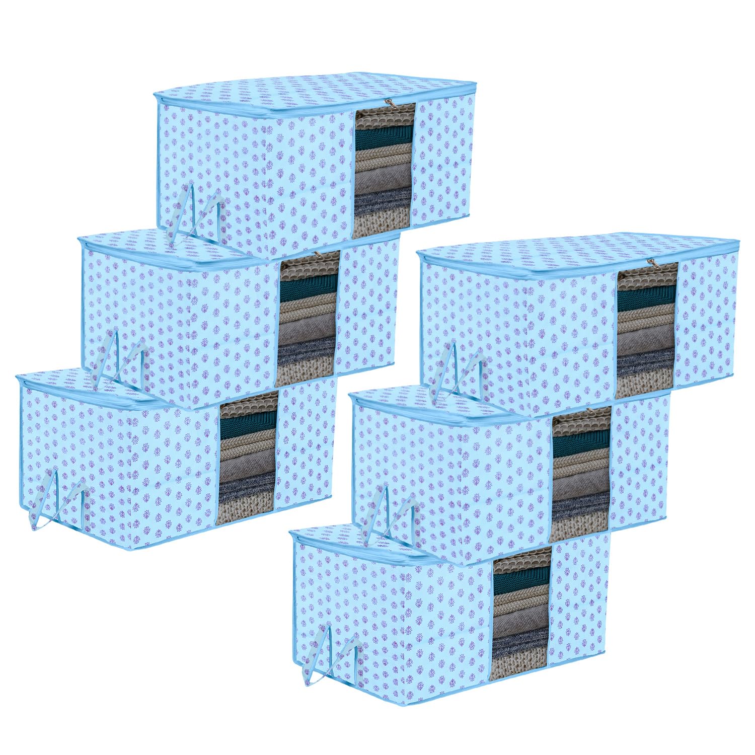 Kuber Industries Underbed Storage Bag | Clothes Storage Bag | Blanket Cover with Clear Window | Zipper Closure & Handle Cloth Organizer | Flower-Design | Large | Pack of 6 | Sky Blue-image-38