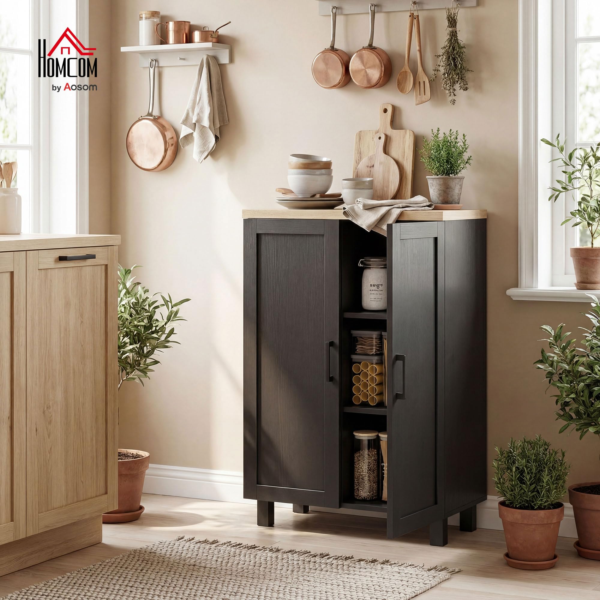 HOMCOM Aparador de 2 Puertas, Aparador de Salón Estrecho, Armario de Cocina con Estante Ajustable, para Cocina, Entrada, Dormitorio, 60x30x90 cm, Negro