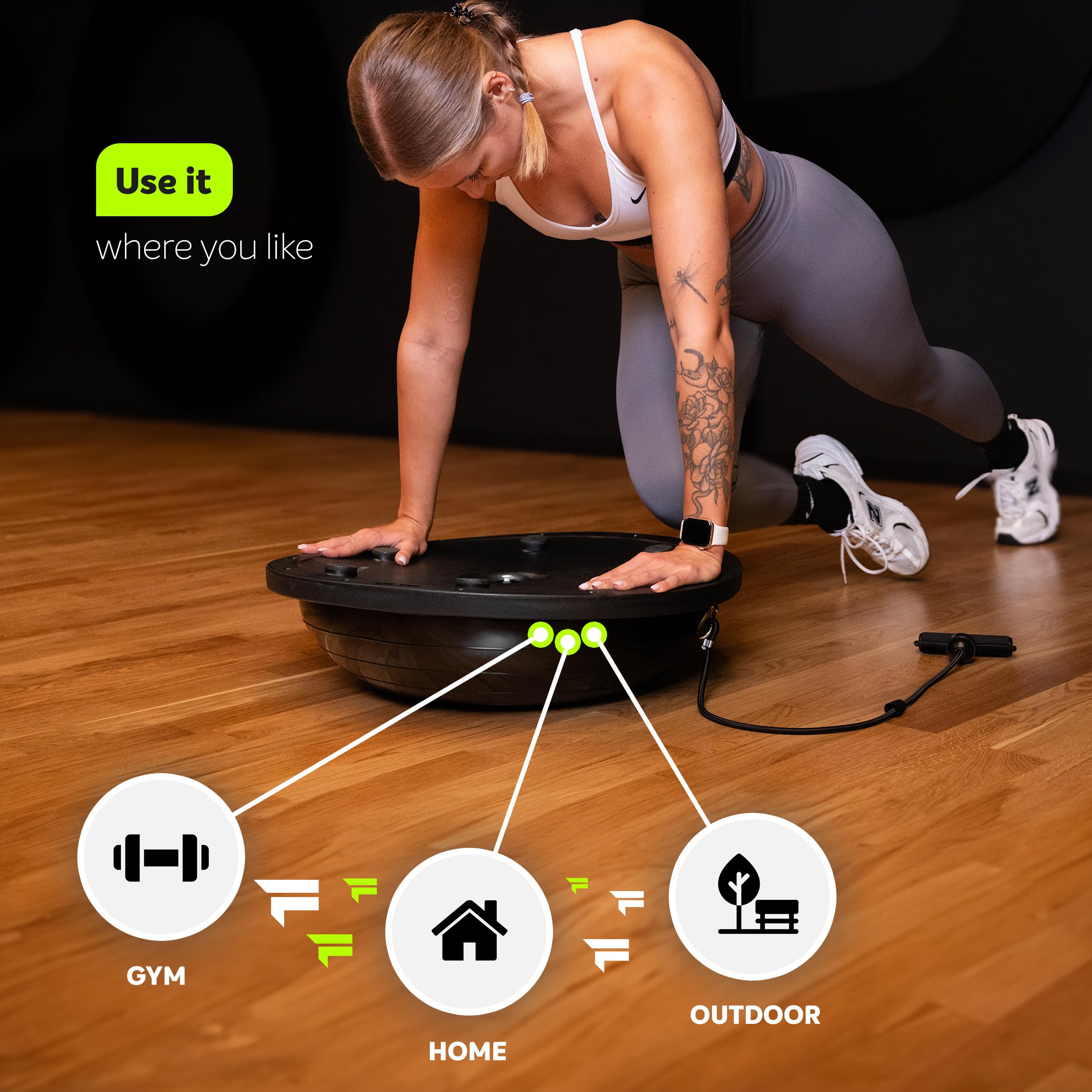 FIZYO Balance Trainer Demi-Boule Ø 58 cm, Ballon d'Équilibre Antidérapant avec Bandes de Résistance & Pompe pour Entraînement Core, Yoga, Pilates, Fitness, Physiothérapie & Rééducation, Noir