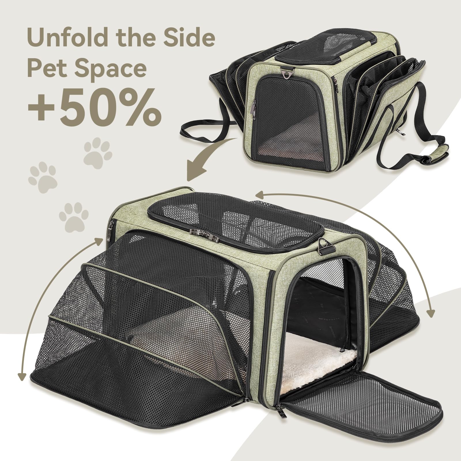 Petsfit Trasportino per gatti, espandibile, comodo trasportino pieghevole su due lati con tappetino in pile, trasportino per cani aperto nella parte superiore. Verde