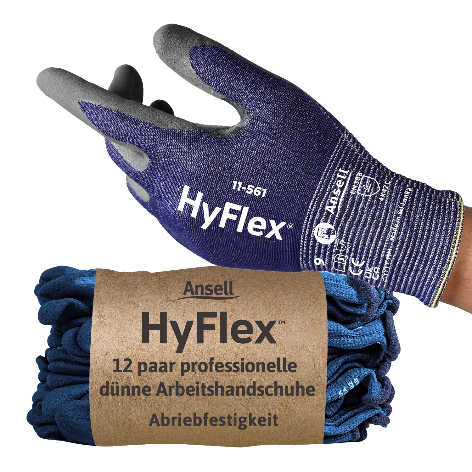 Ansell HyFlex 11-561 Schnittschutz-Handschuhe, Atmungsaktive Nitril-beschichtung, Höchste Weiterreißfestigkeit, Dünne Arbeitshandschuhe Herren Damen, Waschbare, Blau, Größe XS (12 Paar)