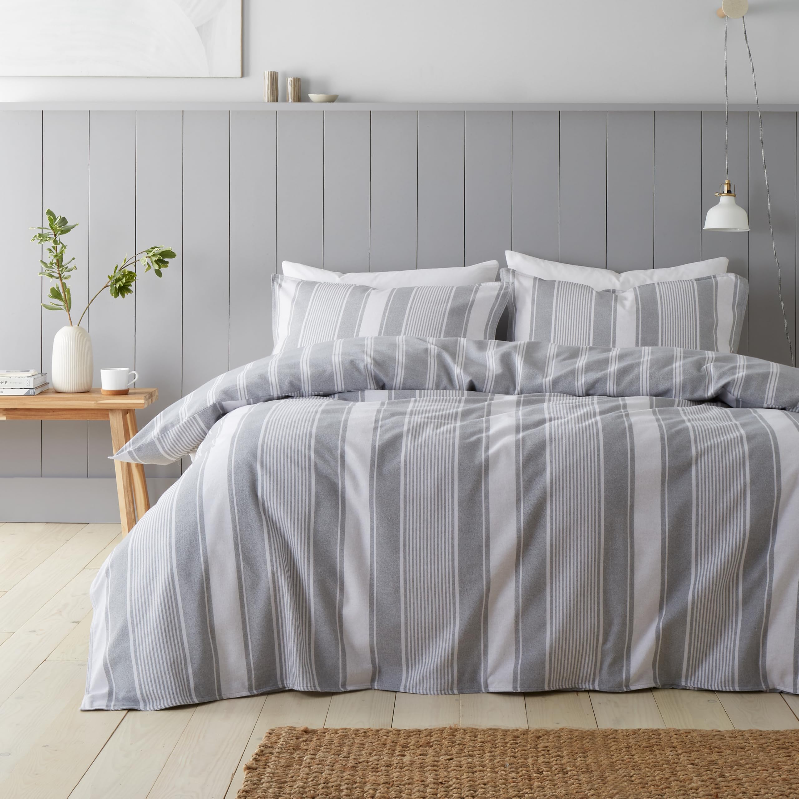 Bianca Brushed Cotton Ticking Stripe Reversible Single Duvet Cover Set with Pillowcase Grey