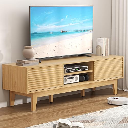 Miniatura 11 de Soporte de TV para TV de 65 pulgadas, moderno centro de entretenimiento acanalado consola de TV con almacenamiento, consola multimedia de puerta