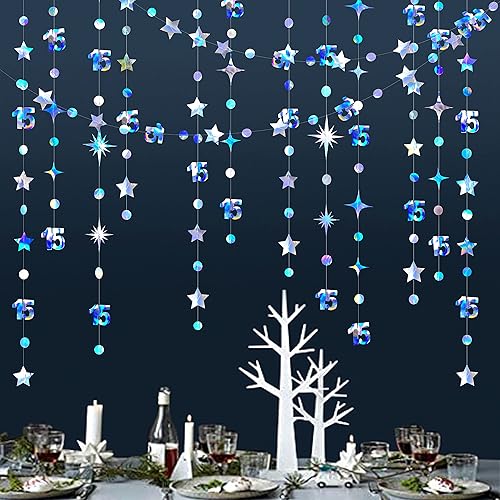 Miniatura 5 de Decoraciones iridiscentes de cumpleaños número 15 con lunares circulares y estrellas, guirnalda metálica para colgar en el fondo para niñas y niños,