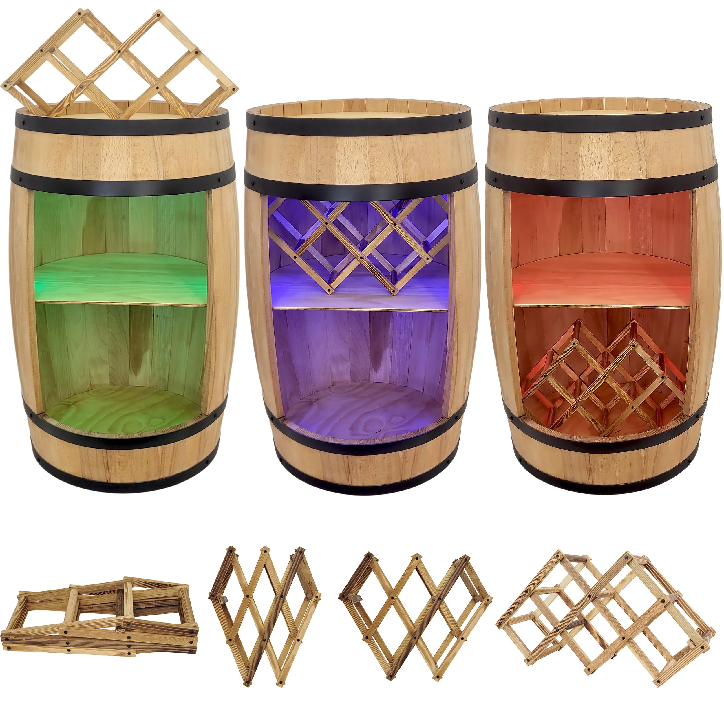 WEECO Barile in legno con portabottiglie con luci a LED RGB, Porta vino, Casa bar, Portabottiglie per whiskybar, regalo per uomo, Botte in legno per bottiglie di alcolici, Botte Di whisky Grappa 80cm